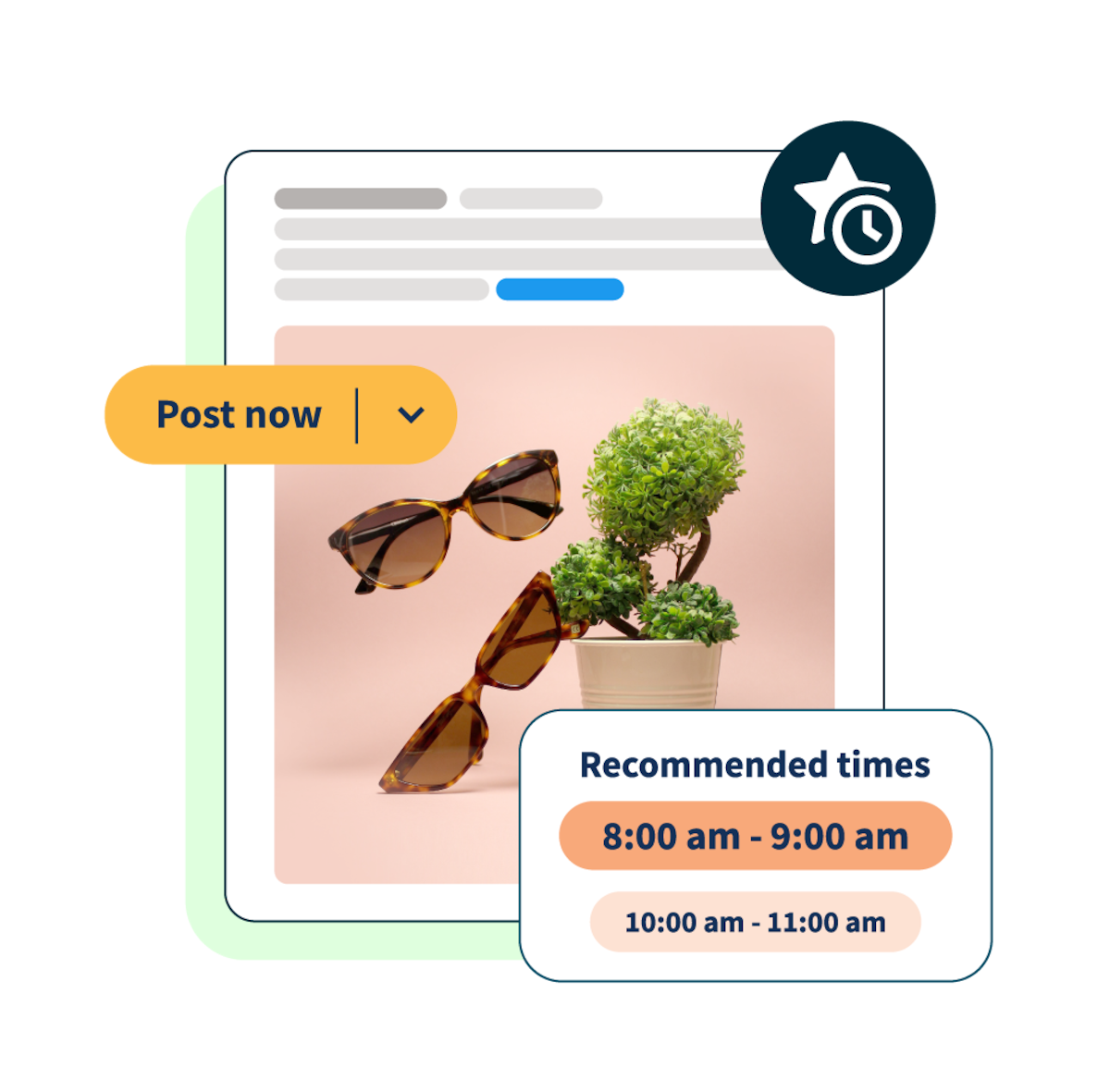social media post of sunglasses with "recommended times" and "post now" pop-ups