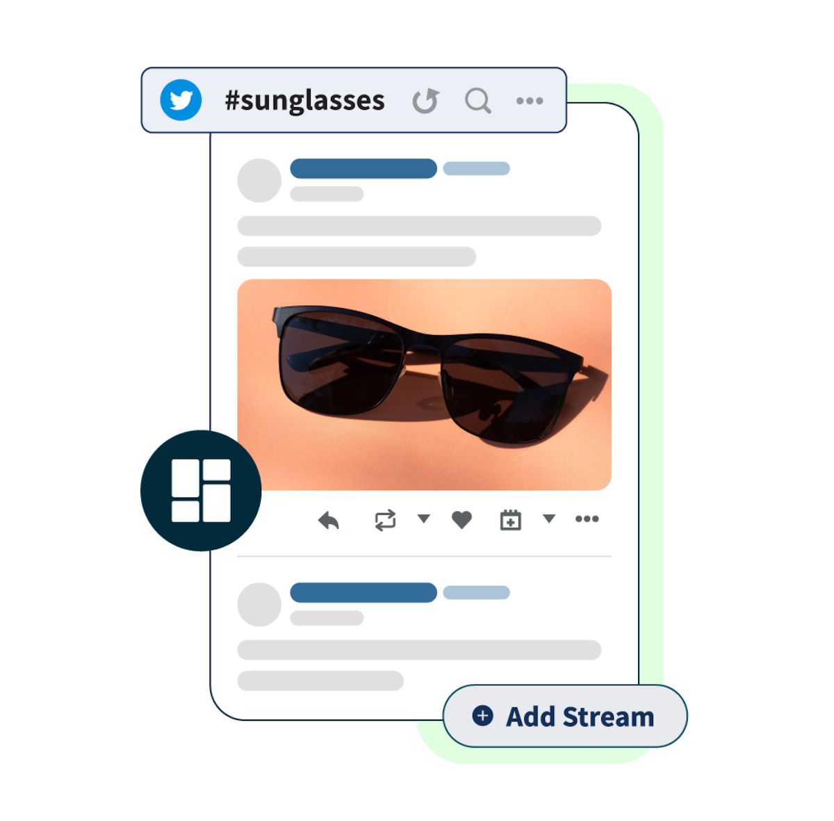 Twitter post of sunglasses with sunglasses hashtag and add stream pop-up