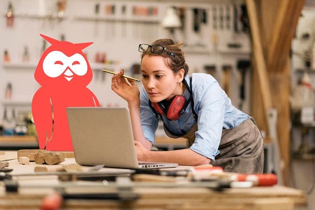 Woman working in front of her computer with Owly