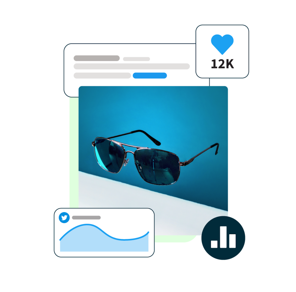 picture of sunglasses floating with a blue background, and social media statistic pop-ups surrounding it