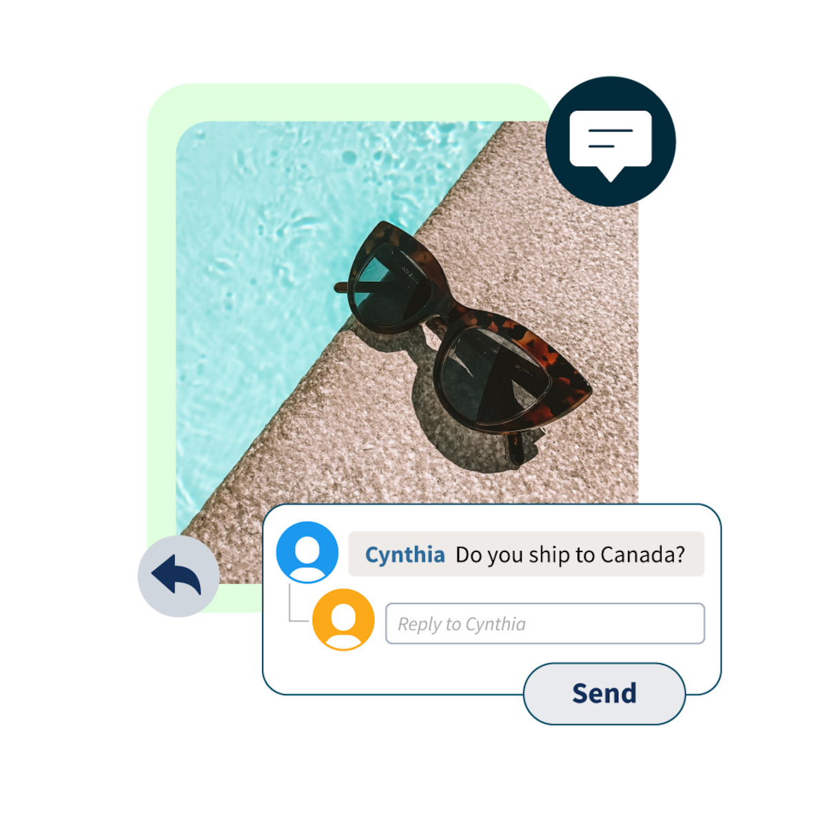 Bild einer Sonnenbrille am Pool zusammen mit einem Popup-Kommentar mit der Frage „Liefern Sie nach Kanada?“