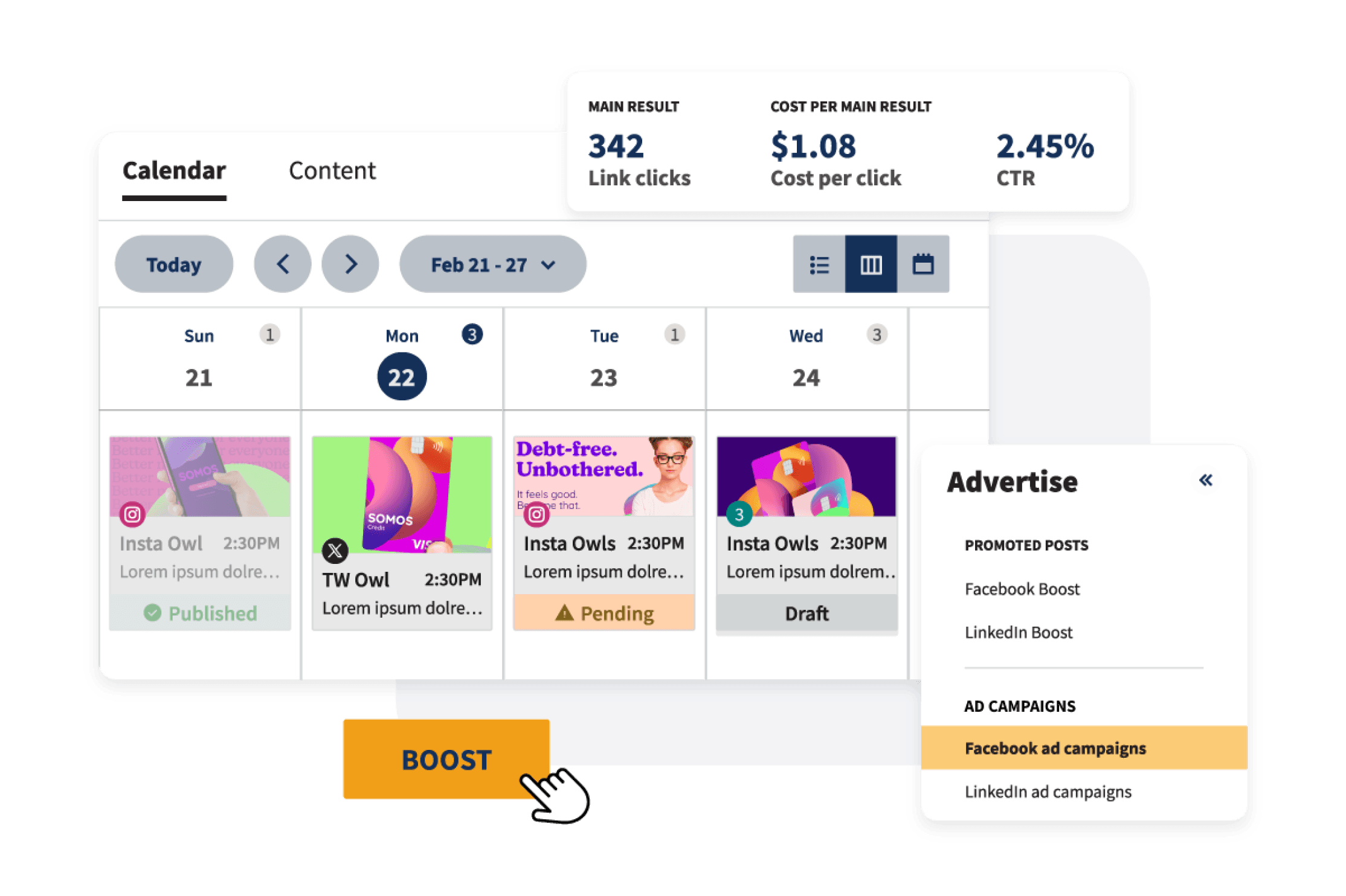 Hootsuite paid ad content calendar and advertising features