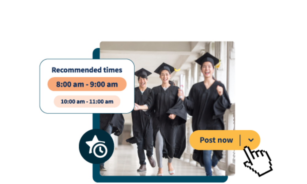 Hootsuite-Produktaufnahme mit Studenten in ihren Abschlussroben im Hintergrund