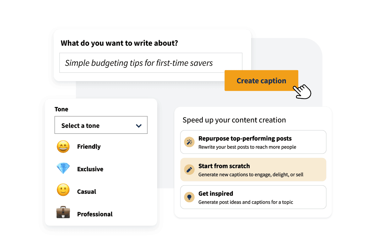 Small overview of OwlyWriter AI in action creating a caption for a post.