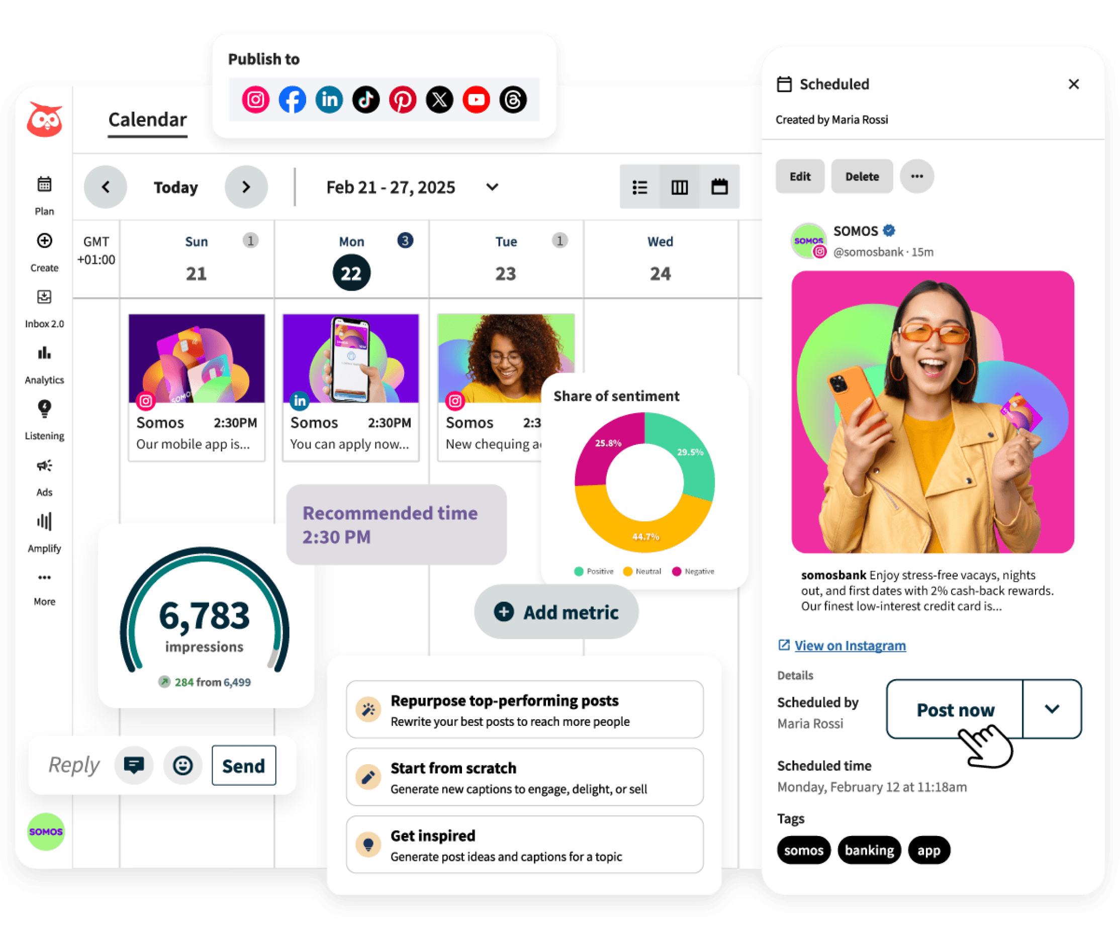 Hootsuite dashboard with content calendar, analytics, social listening, and publishing features