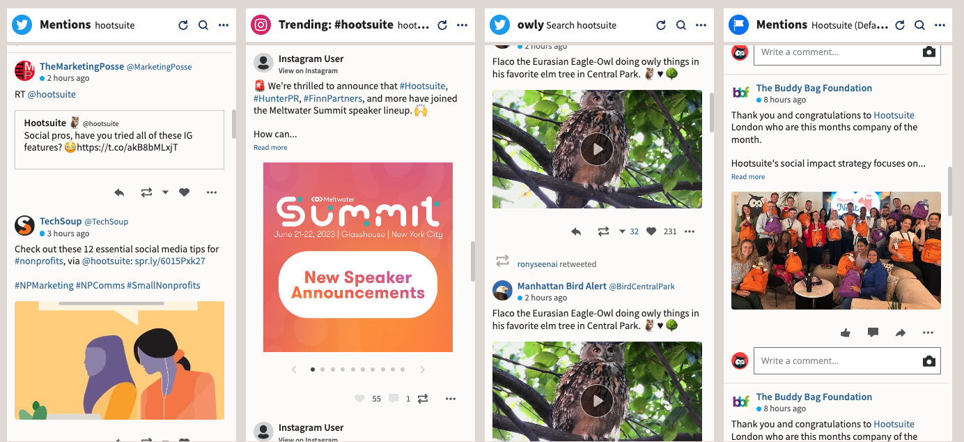 screenshot of a hootsuite dashboard featuring all brand mentions from different social media platforms