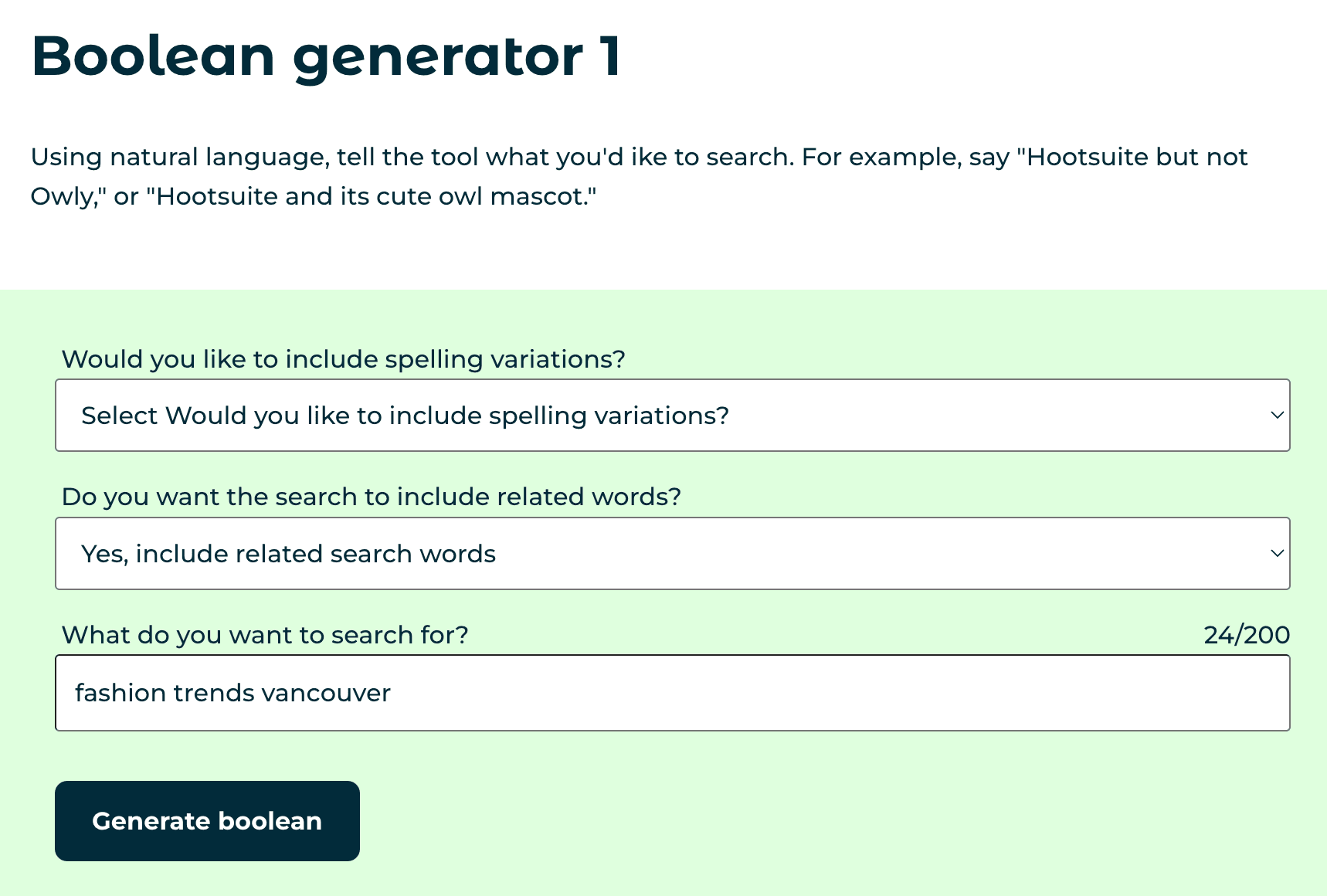 screenshot of hootsuite's boolean generator tool