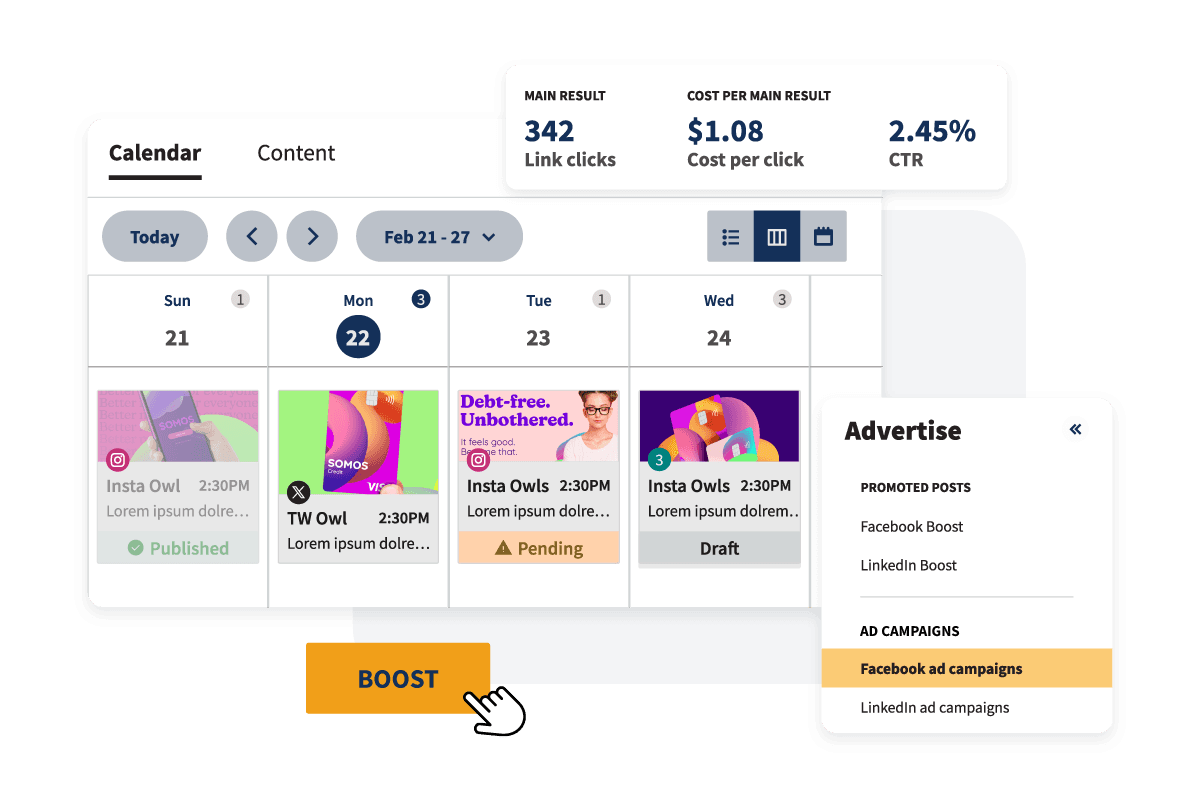 A look at how to boost campaigns, with CTR and cost-per-click details displayed.