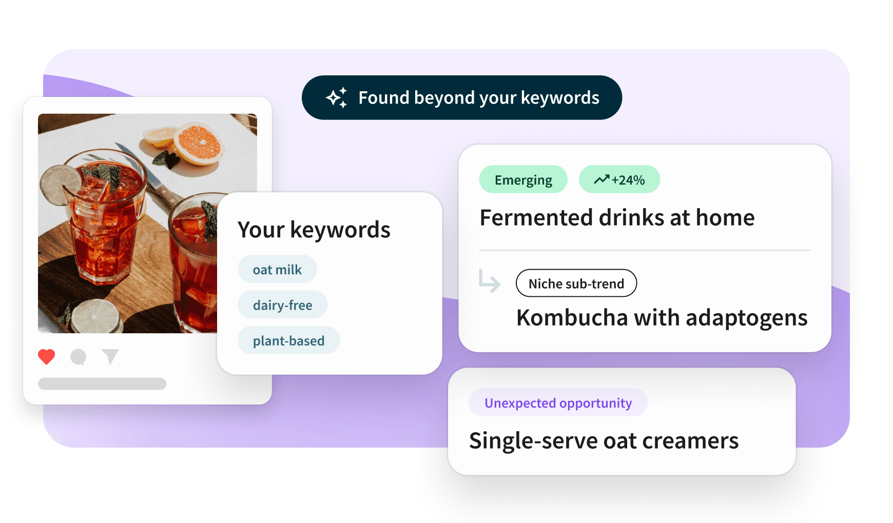 UI showing keyword trend discovery with drink photo, keywords like oat milk, and emerging trends like fermented drinks and kombucha.