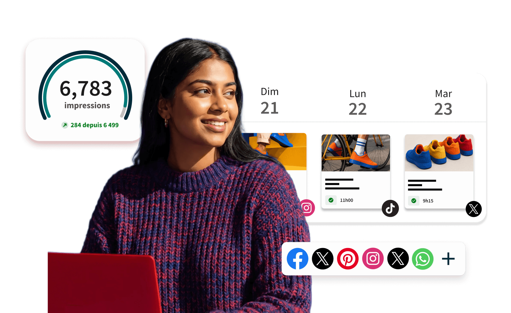 Woman with laptop surrounded by social media management UI showing impressions stats, a content calendar, and platform icons.