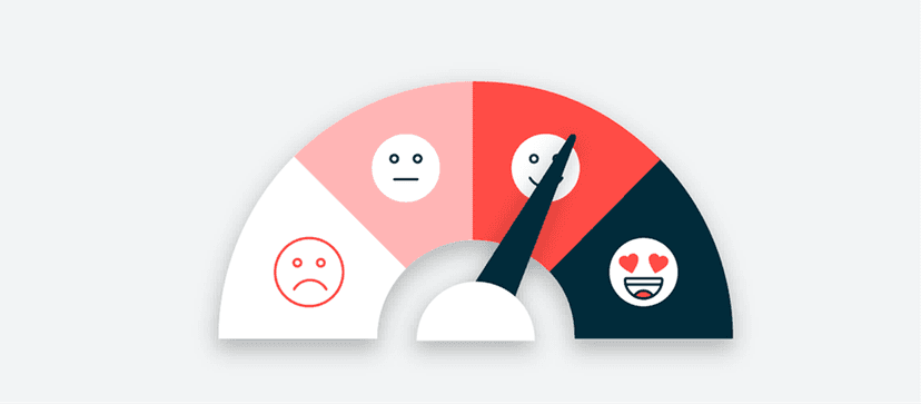 Curved abstract shapes in red, pink, and navy blue with various emoji-style faces showing different emotions and expressions