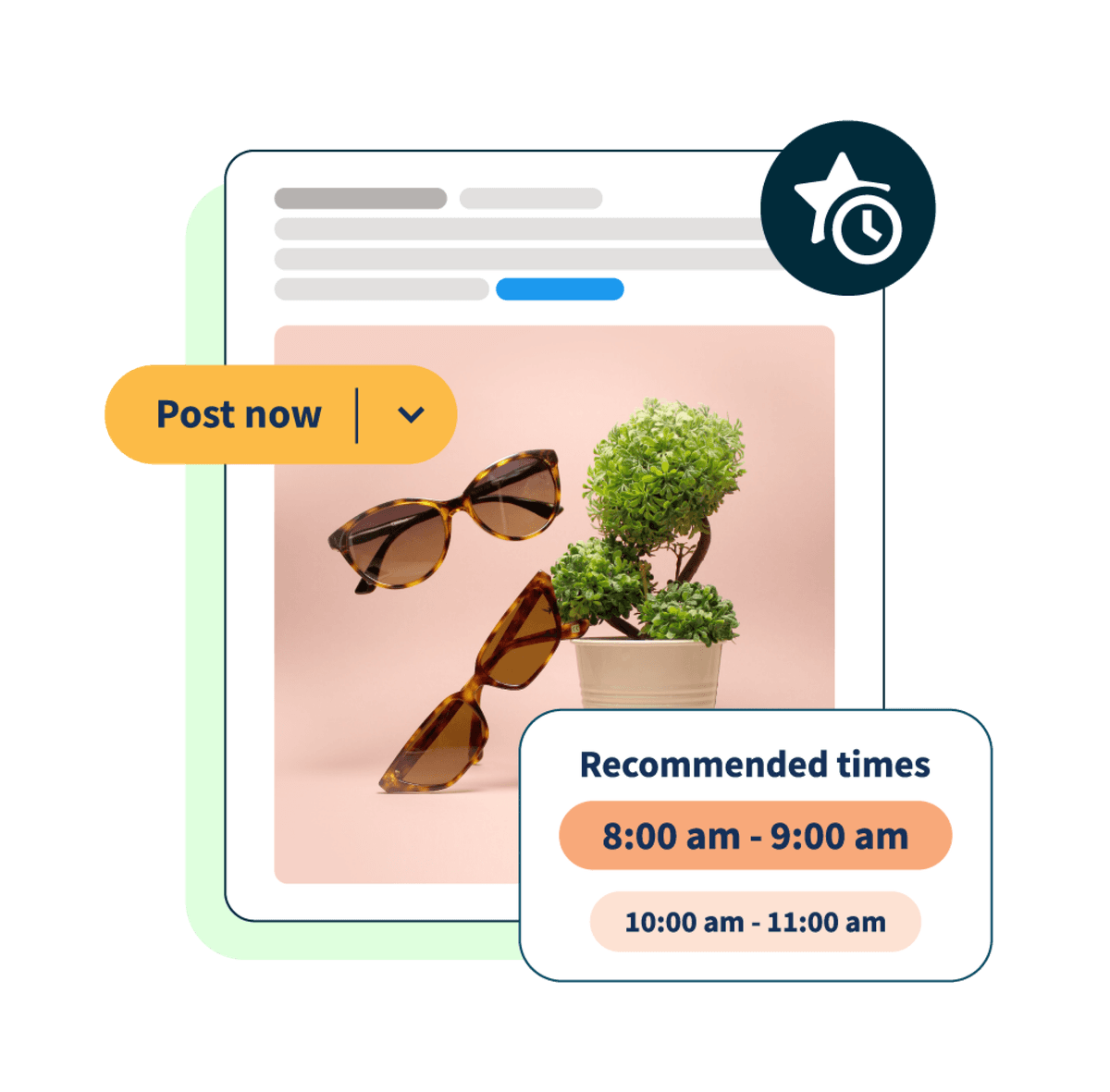 social media post of sunglasses with "recommended times" and "post now" pop-ups