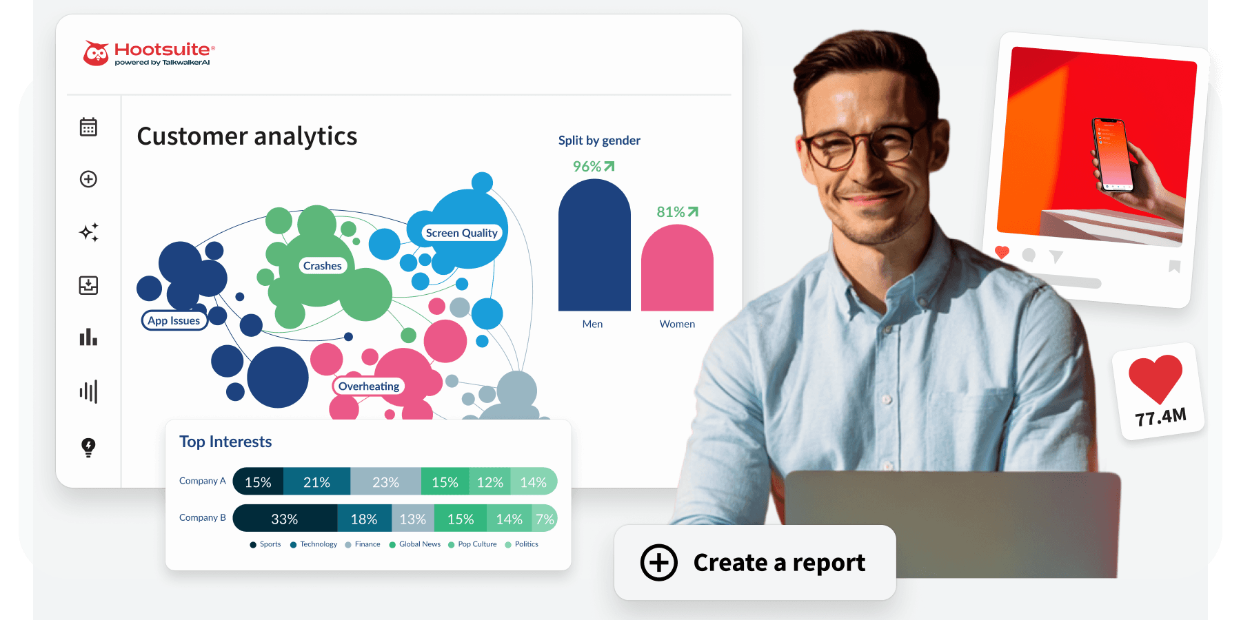A smiling man with glasses uses a laptop beside Hootsuite customer analytics dashboards showing charts and a Create a report button.