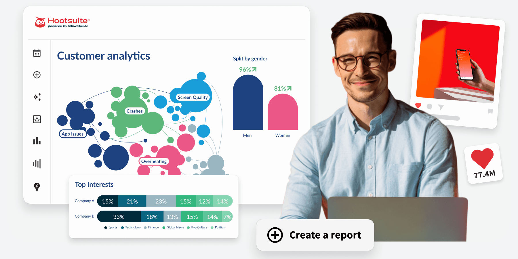 A smiling man with glasses uses a laptop beside Hootsuite customer analytics dashboards showing charts and a Create a report button.