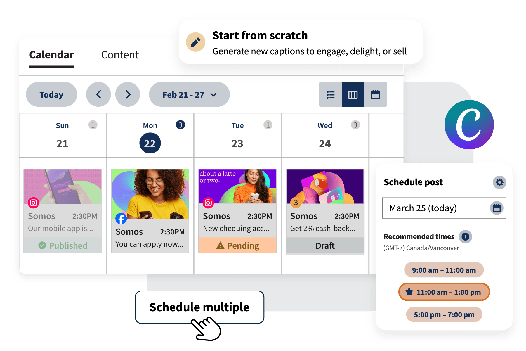 Tableau de bord de publication Hootsuite avec calendrier, logo Canva, etc.