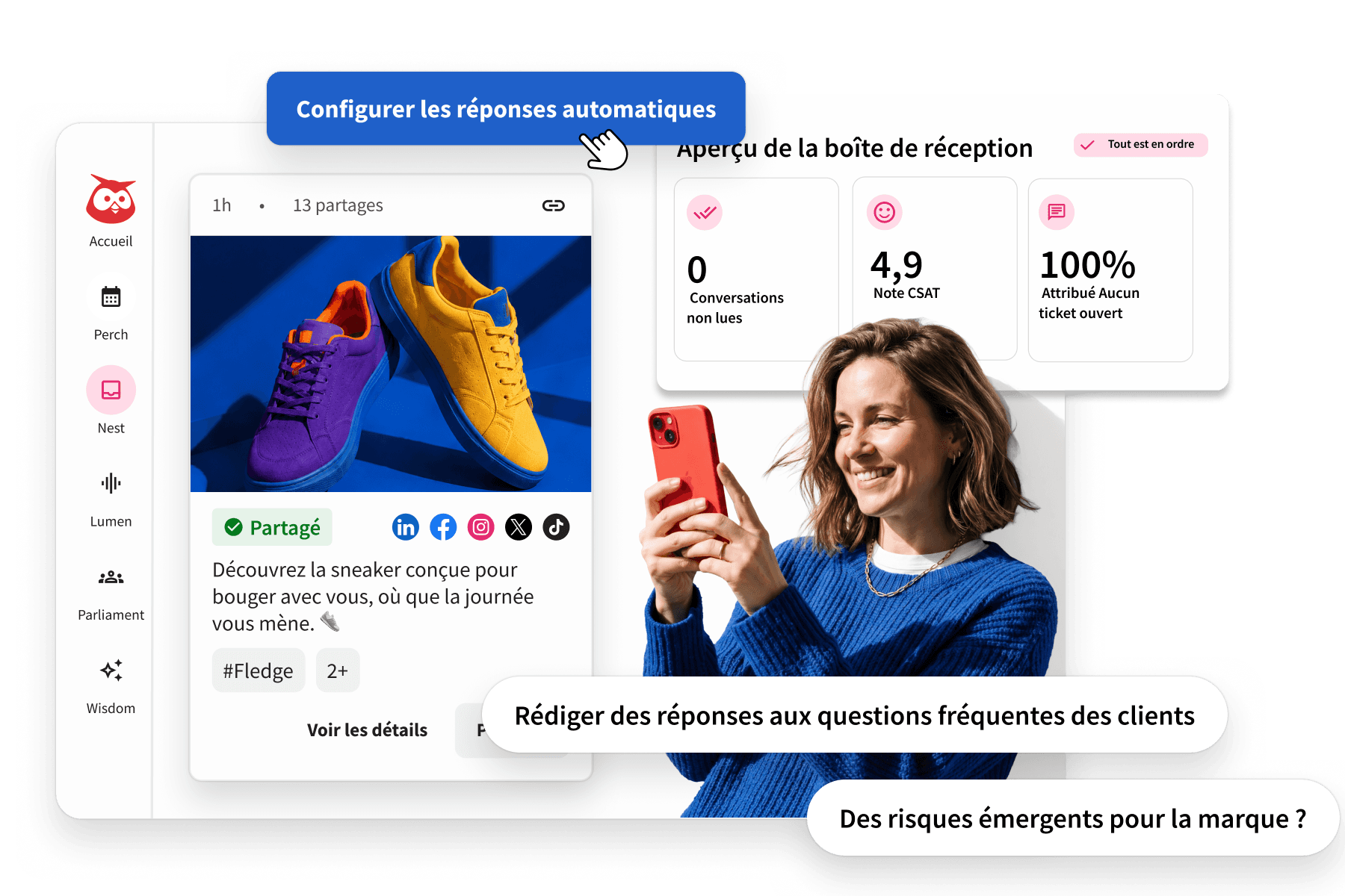 A social media dashboard showing automated responses, inbox overview stats, and a smiling woman in blue holding a red phone.