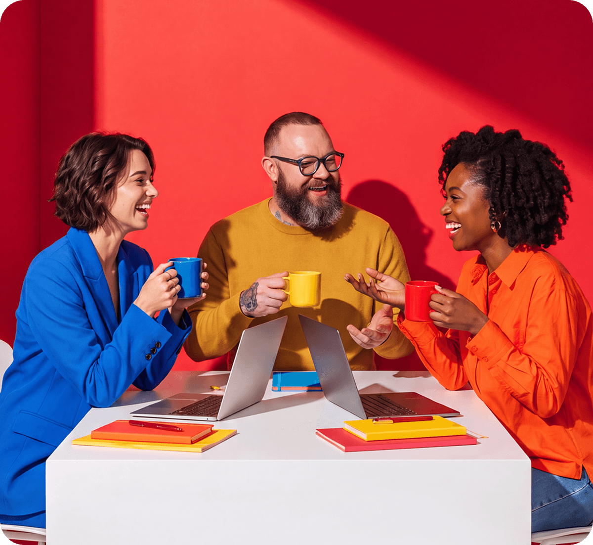 Three colleagues laughing and holding colorful mugs around a white table with laptops against a bold red background.