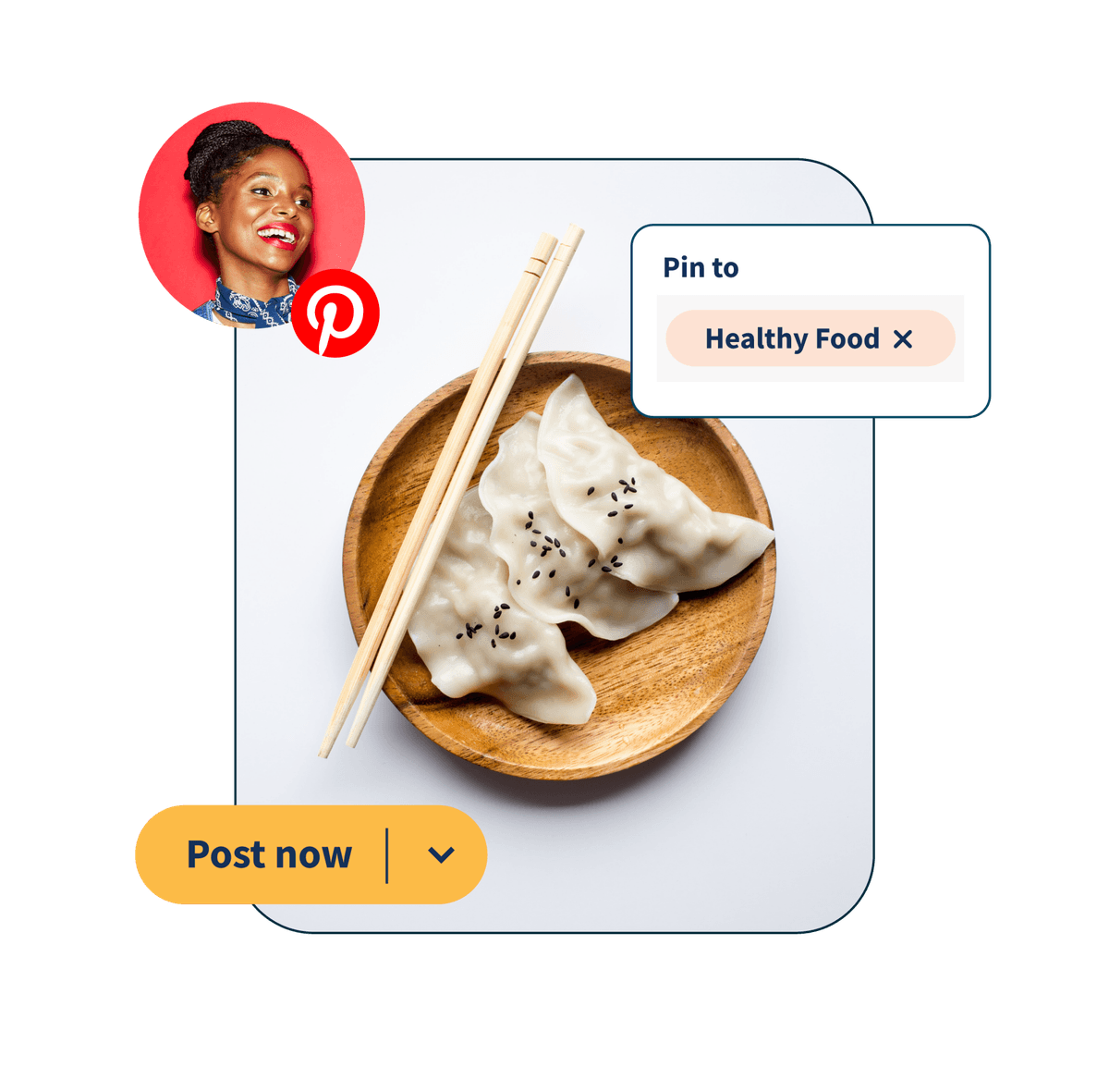 Image de dumplings sur une assiette avec 2 popups : « épinglez une alimentation saine » et « publier maintenant »