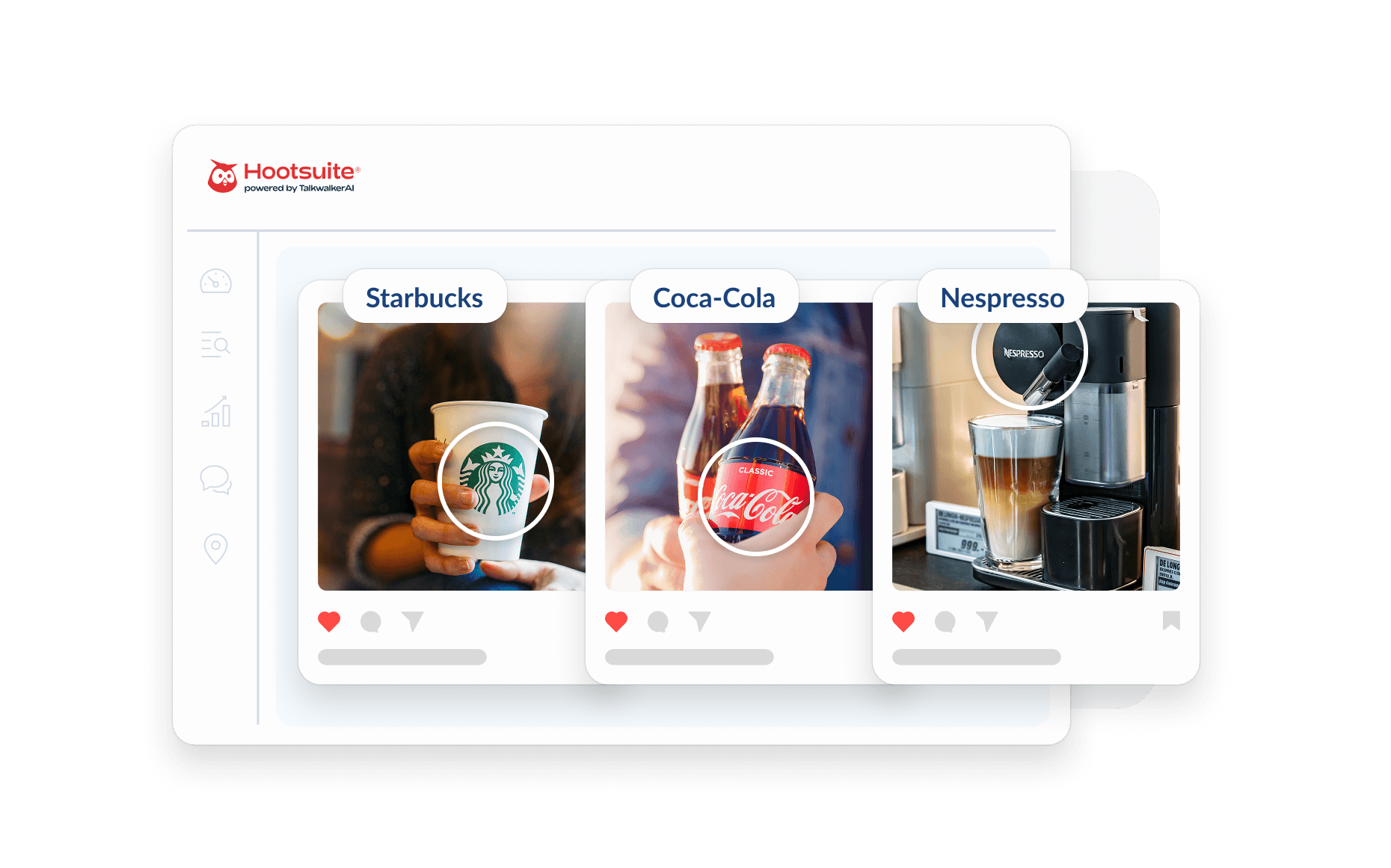 Social media interface showing three brand posts: Starbucks coffee cup, Coca-Cola bottle, and Nespresso machine with layered coffee drink
