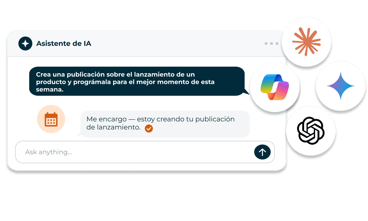 AI assistant chat interface drafting a product launch post, with Microsoft Copilot, Claude, Gemini, and ChatGPT logos nearby.