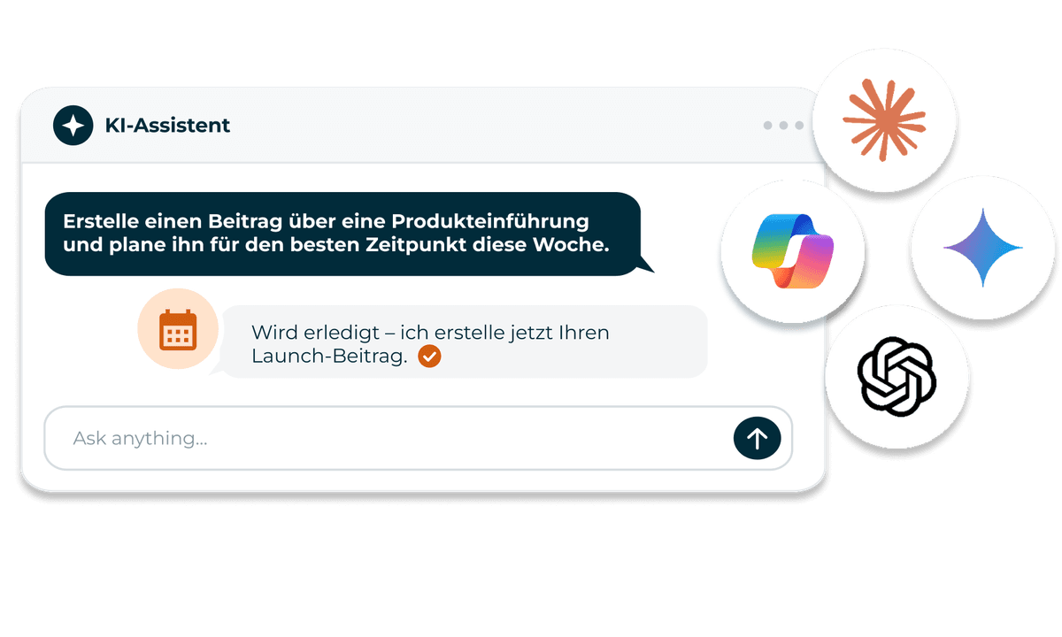 AI assistant chat interface drafting a product launch post, with Microsoft Copilot, Claude, Gemini, and ChatGPT logos nearby.