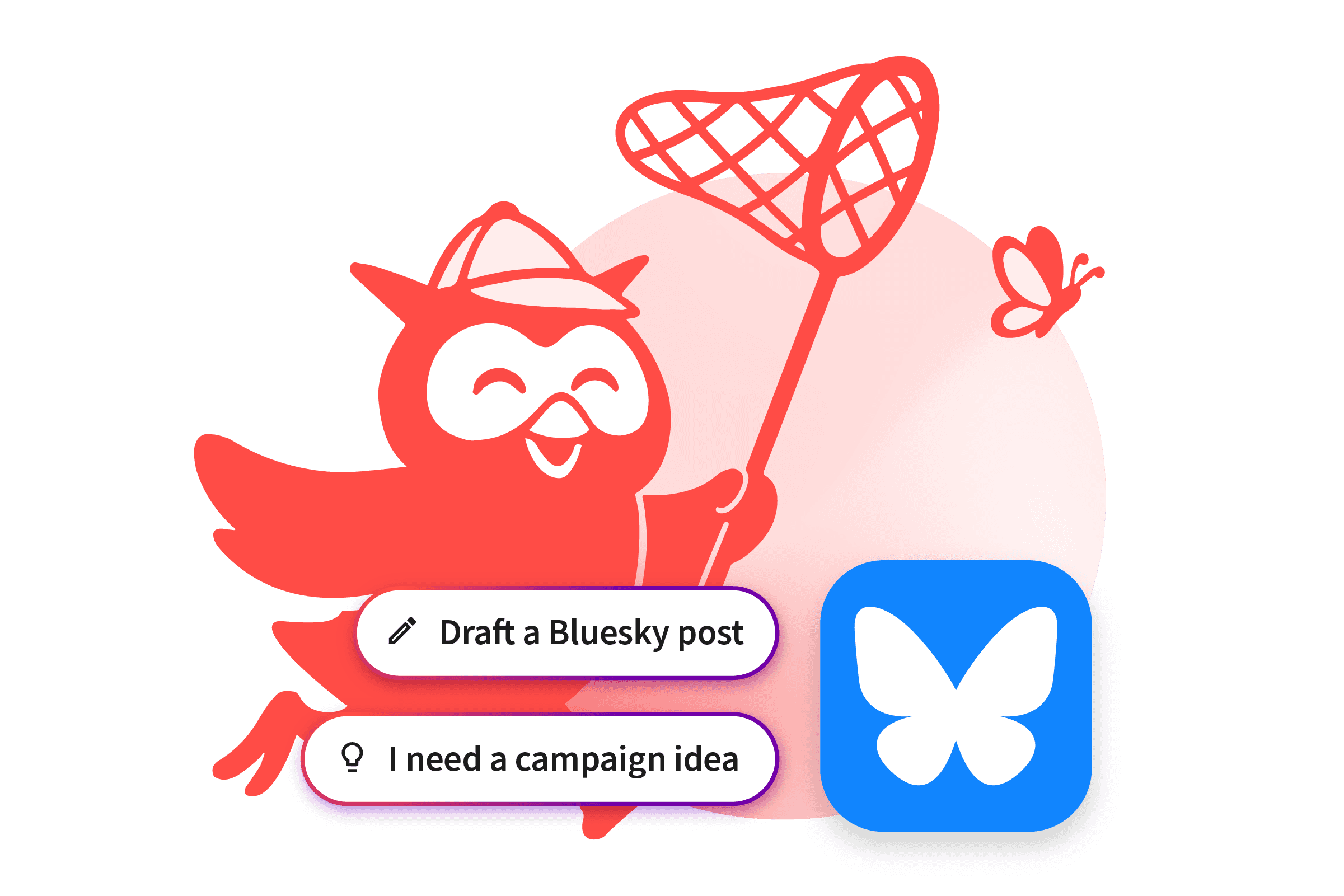 A red cartoon moose mascot with antlers next to a blue butterfly logo and two text buttons for drafting posts and campaign ideas