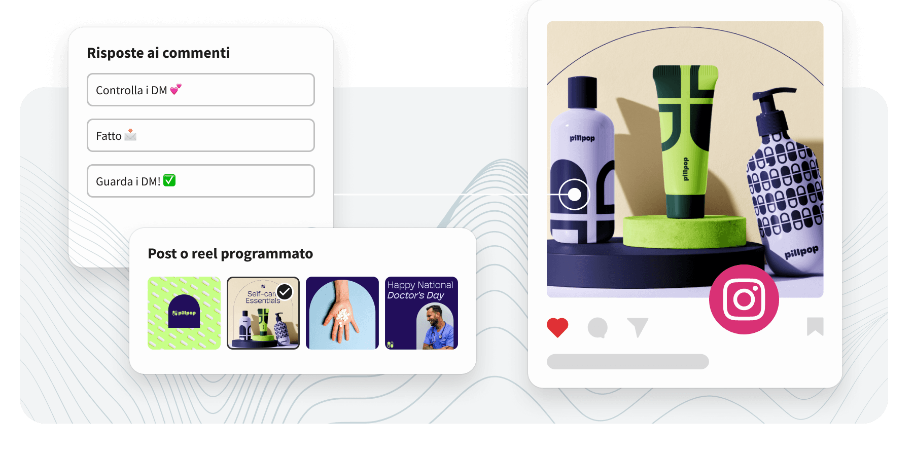 Social media management UI showing comment reply templates, scheduled posts grid, and an Instagram self-care product post.
