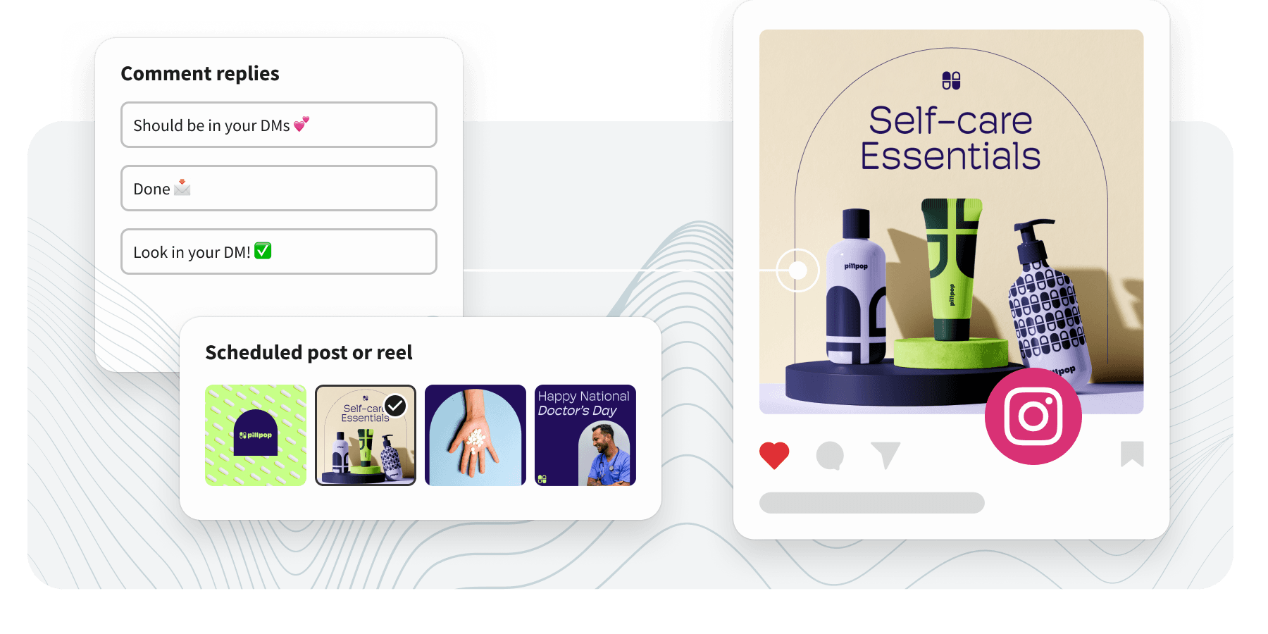 Social media management UI showing comment reply templates, scheduled posts grid, and an Instagram self-care product post.