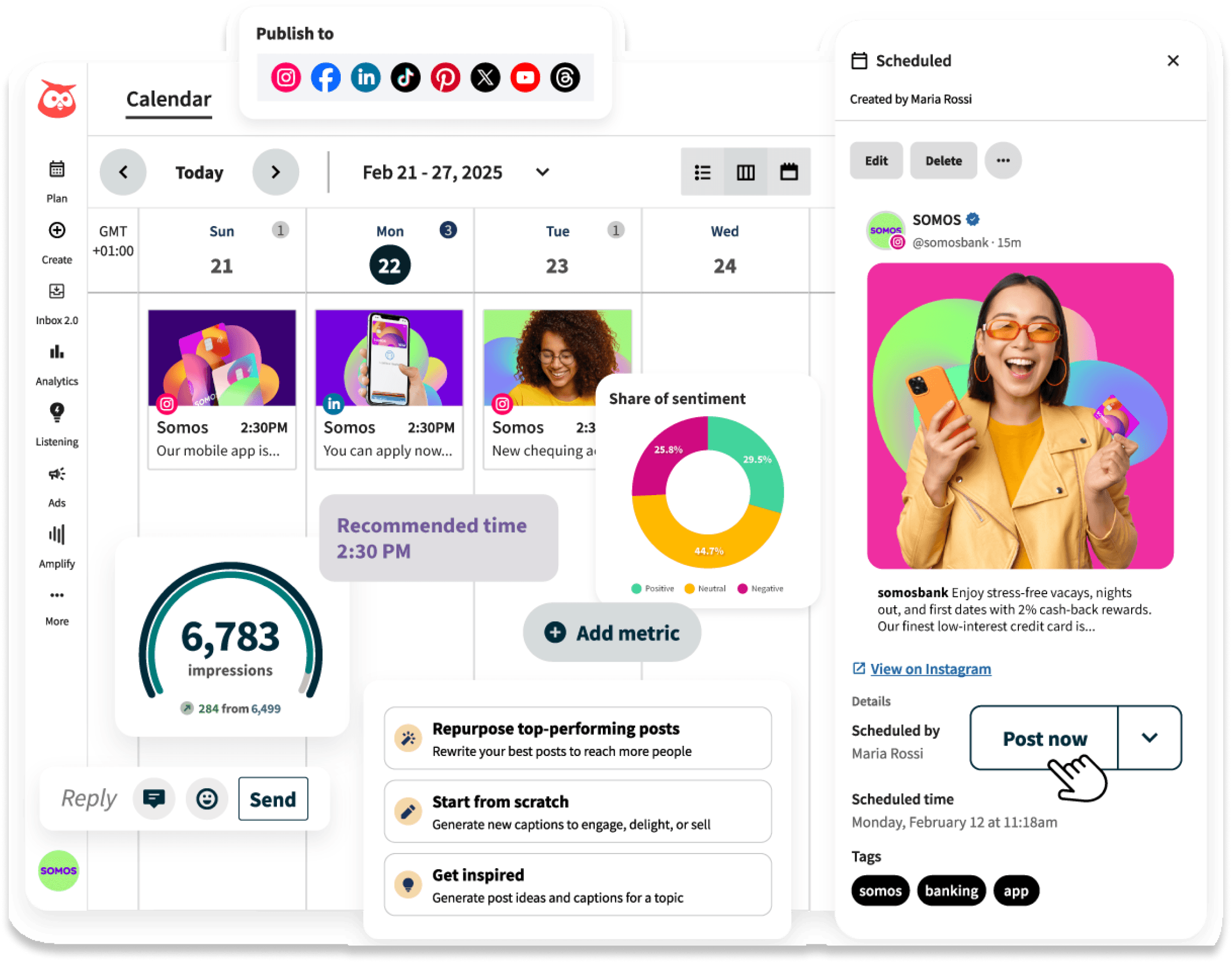Painel de controle de publicações Hootsuite