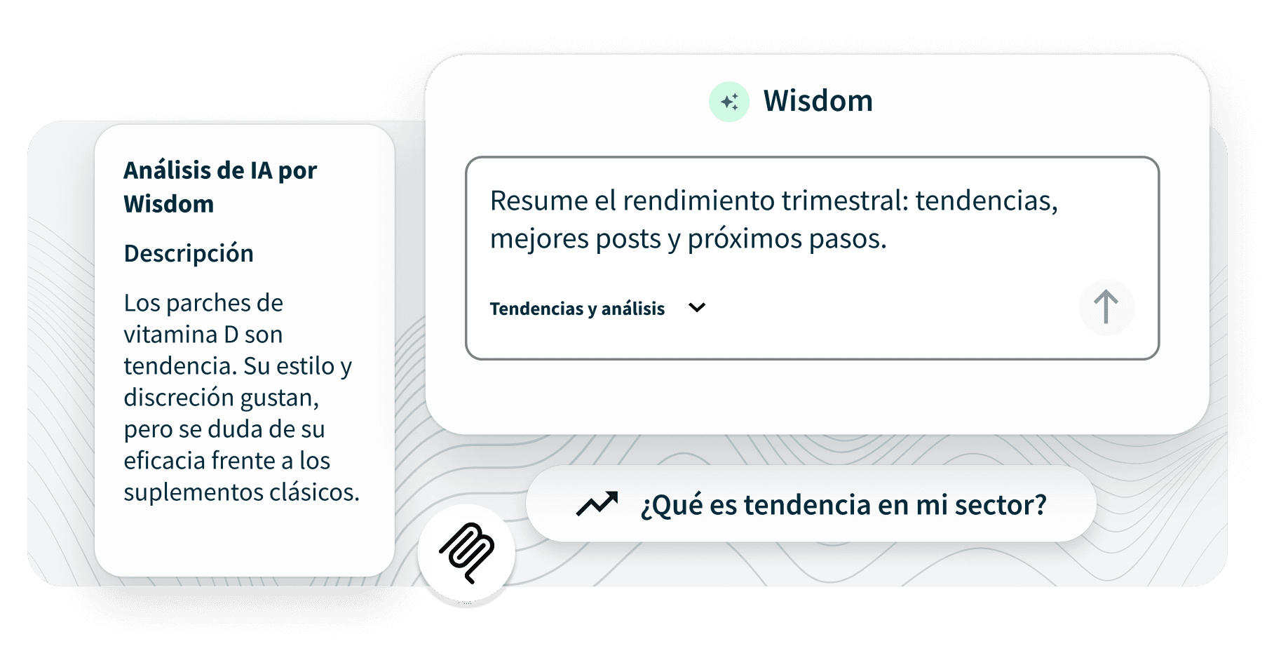 UI screenshot of Wisdom AI tool showing a query input and an AI-generated insight about Vitamin D patch trends.