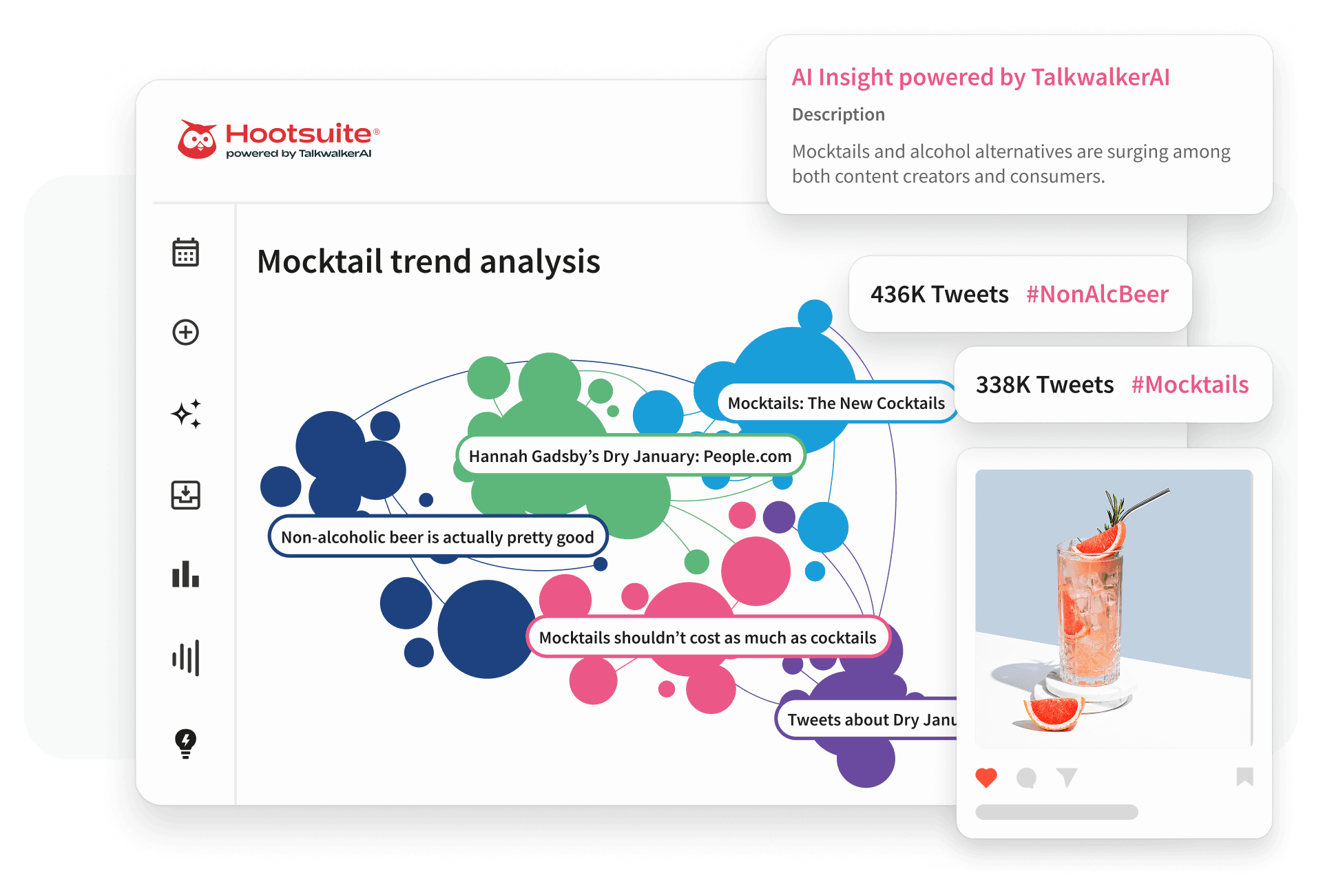 Hootsuite dashboard showing a mocktail trend analysis with colorful bubble chart, AI insights, tweet stats, and a mocktail photo.