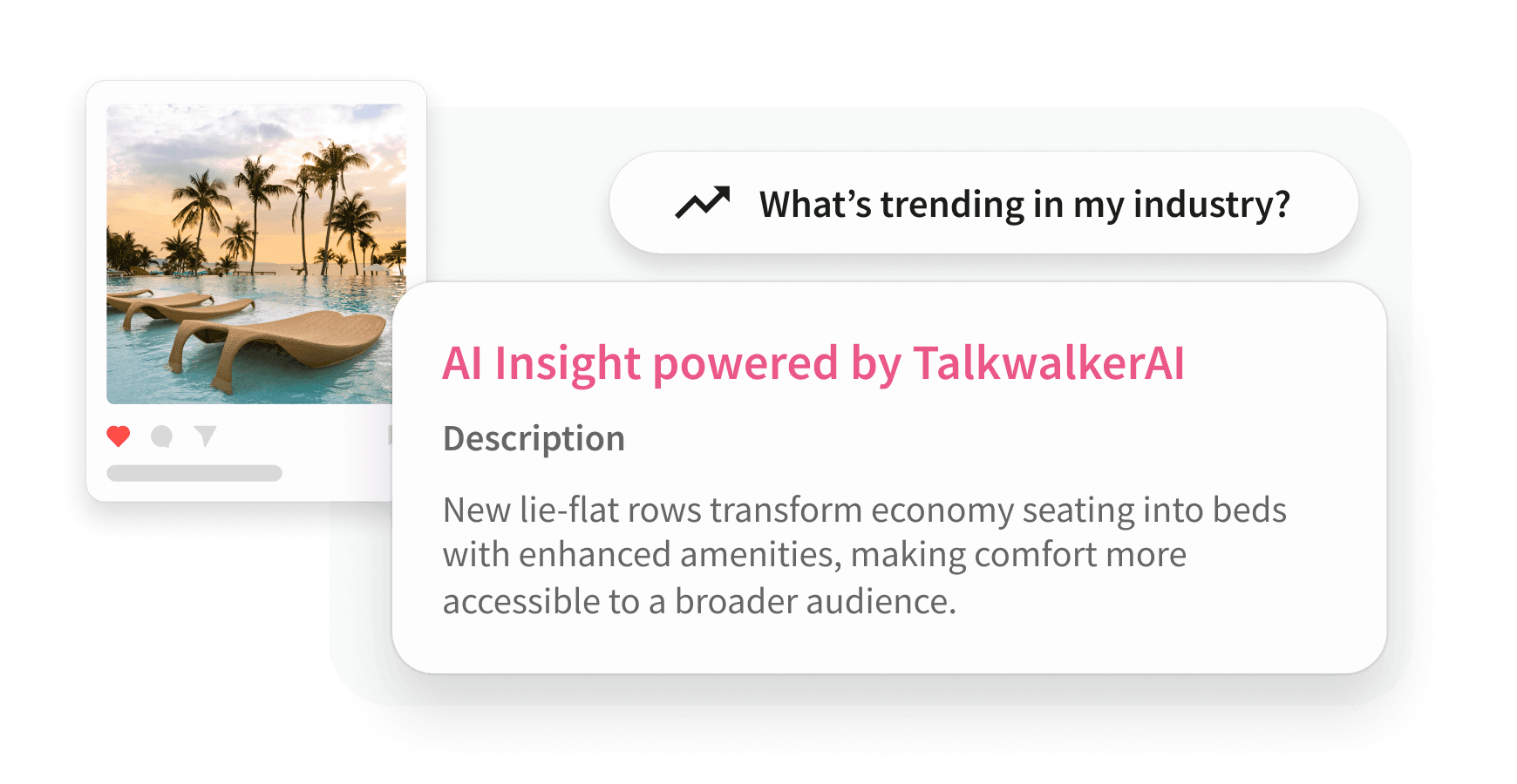 A UI showing a TalkwalkerAI insight card answering "What's trending in my industry?" beside a tropical resort image.