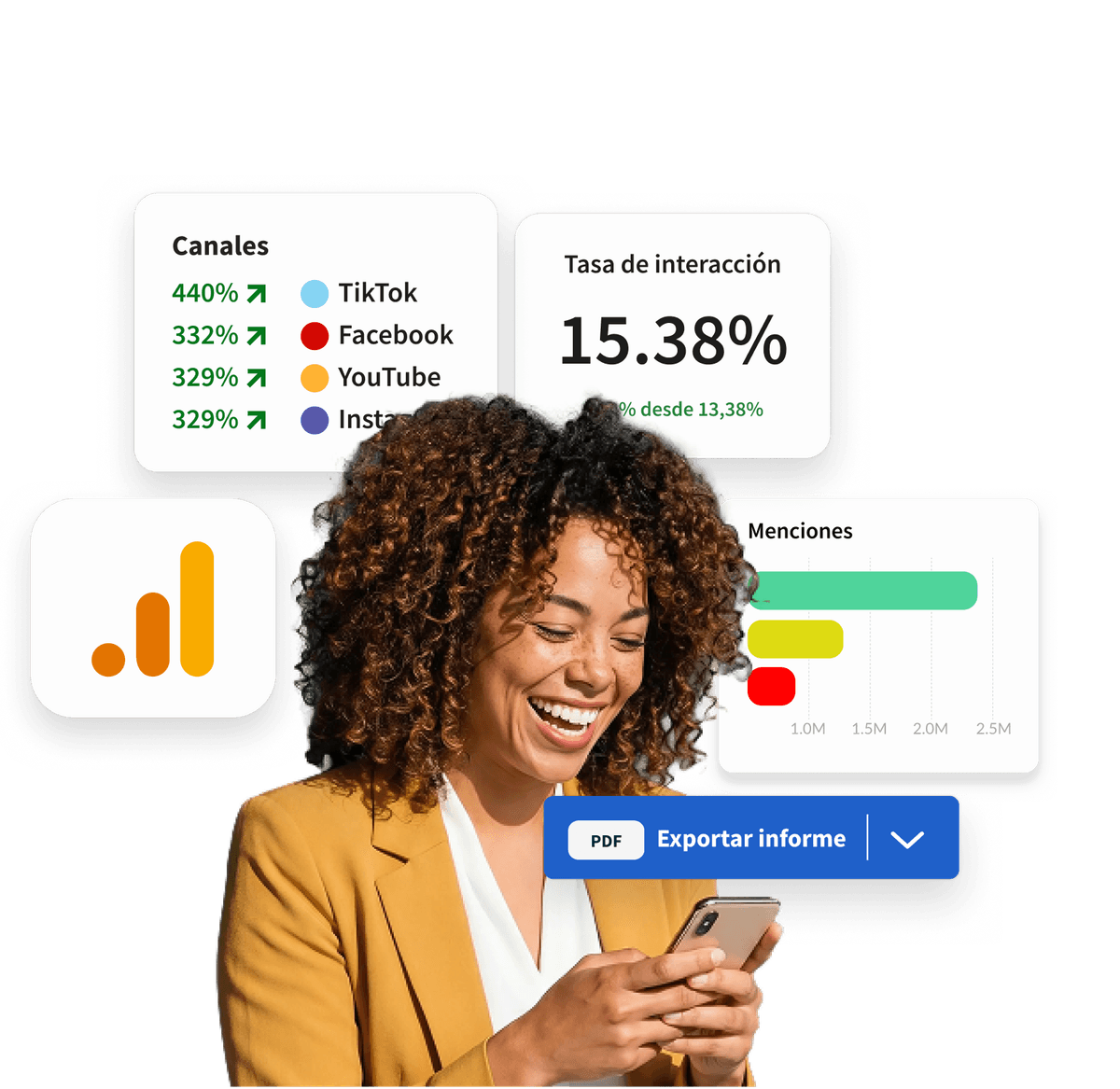 A smiling woman holds a phone, surrounded by social media analytics dashboards showing engagement rates, channel stats, and mentions charts.