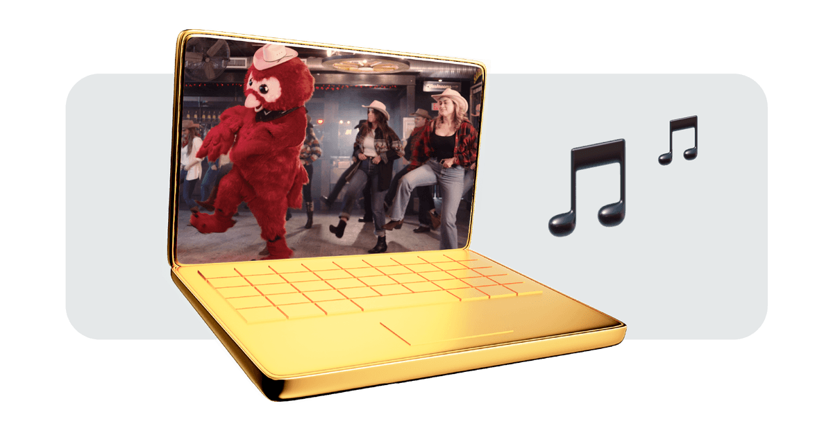 Stylized cartoon golden laptop with an image of Owly line dancing in a country bar with a small group of people.