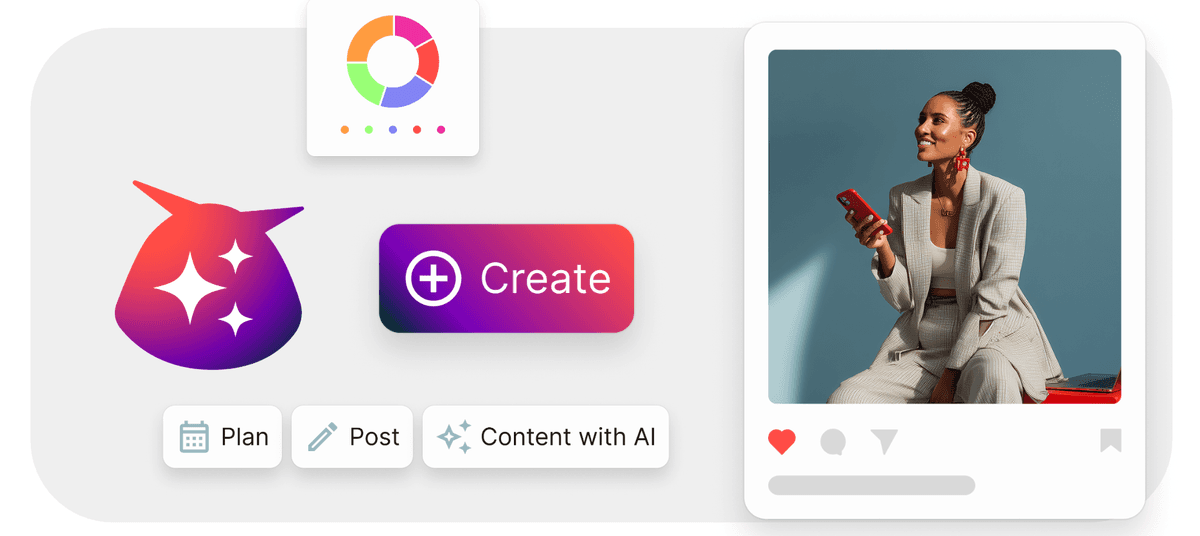 A social media interface showing a gradient logo, create button, and content management options alongside a stylish fashion photo post