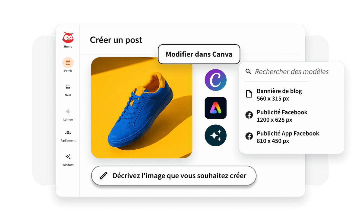 Calendrier de contenu Hootsuite avec un rédacteur IA, le logo Canva et les meilleurs moments pour publier