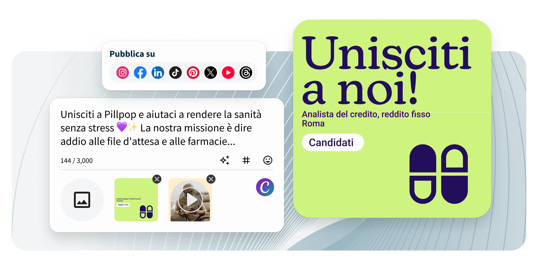 Social media publishing tool showing a post composer with platform icons and a green job ad card reading Join our team.