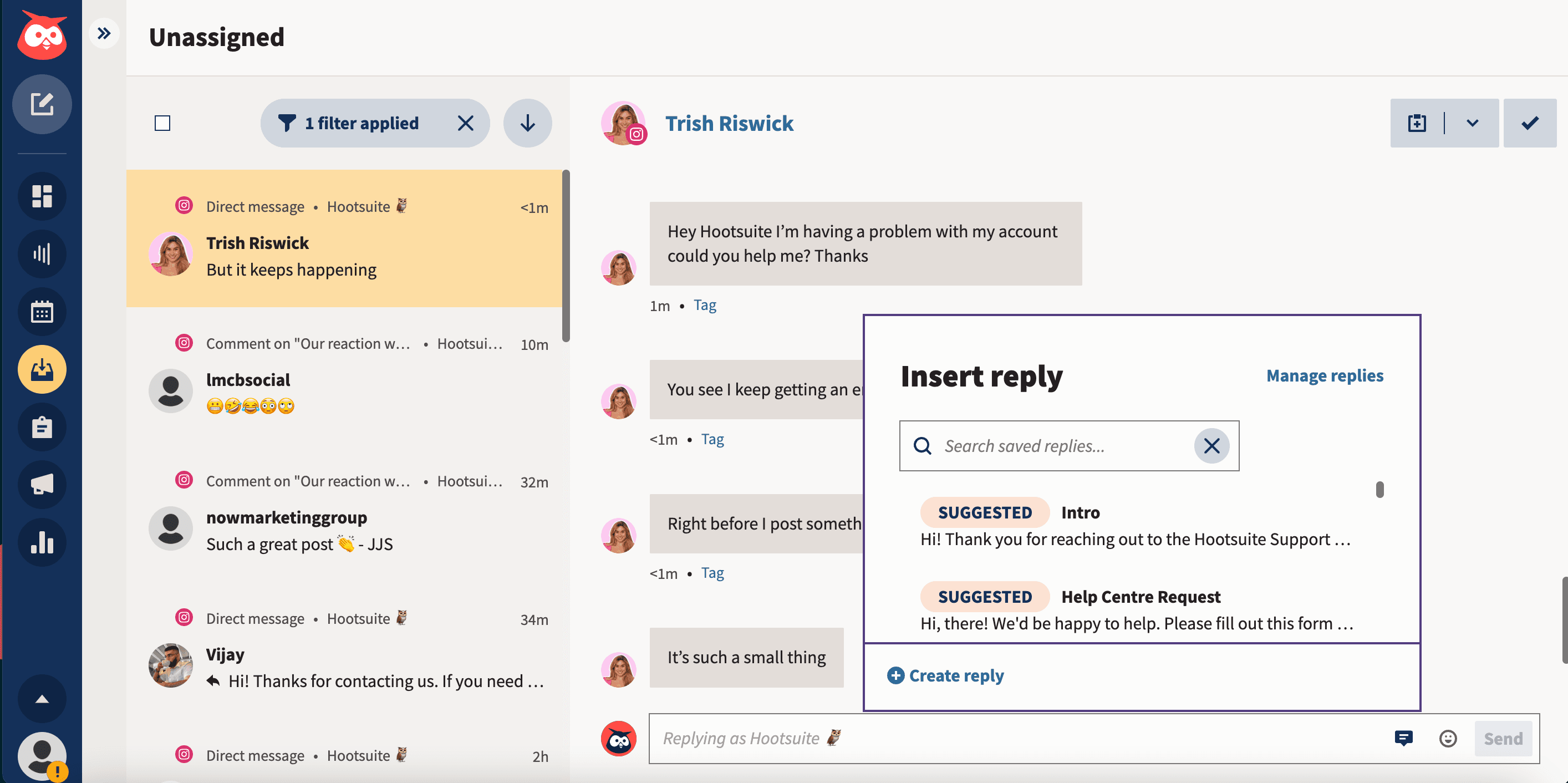 Captura de tela de uma Hootsuite Inbox, especificamente das mensagens "não atribuídas"