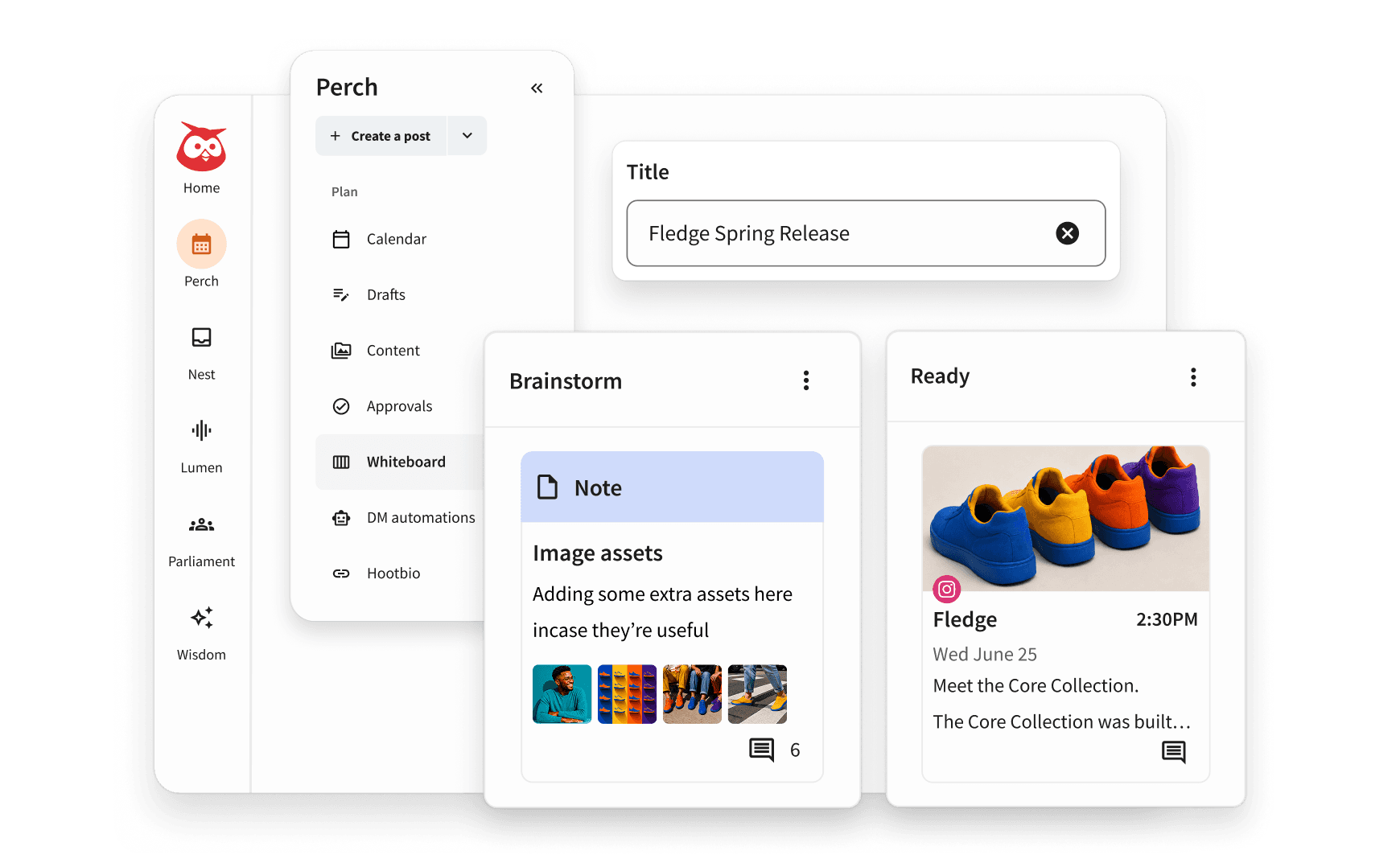 Hootsuite Perch dashboard showing content planning tools with brainstorm notes and a colorful sneaker post ready for Instagram.