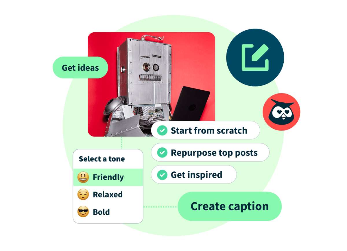 Robot graphic showing Hootsuite's OwlyWriter AI features