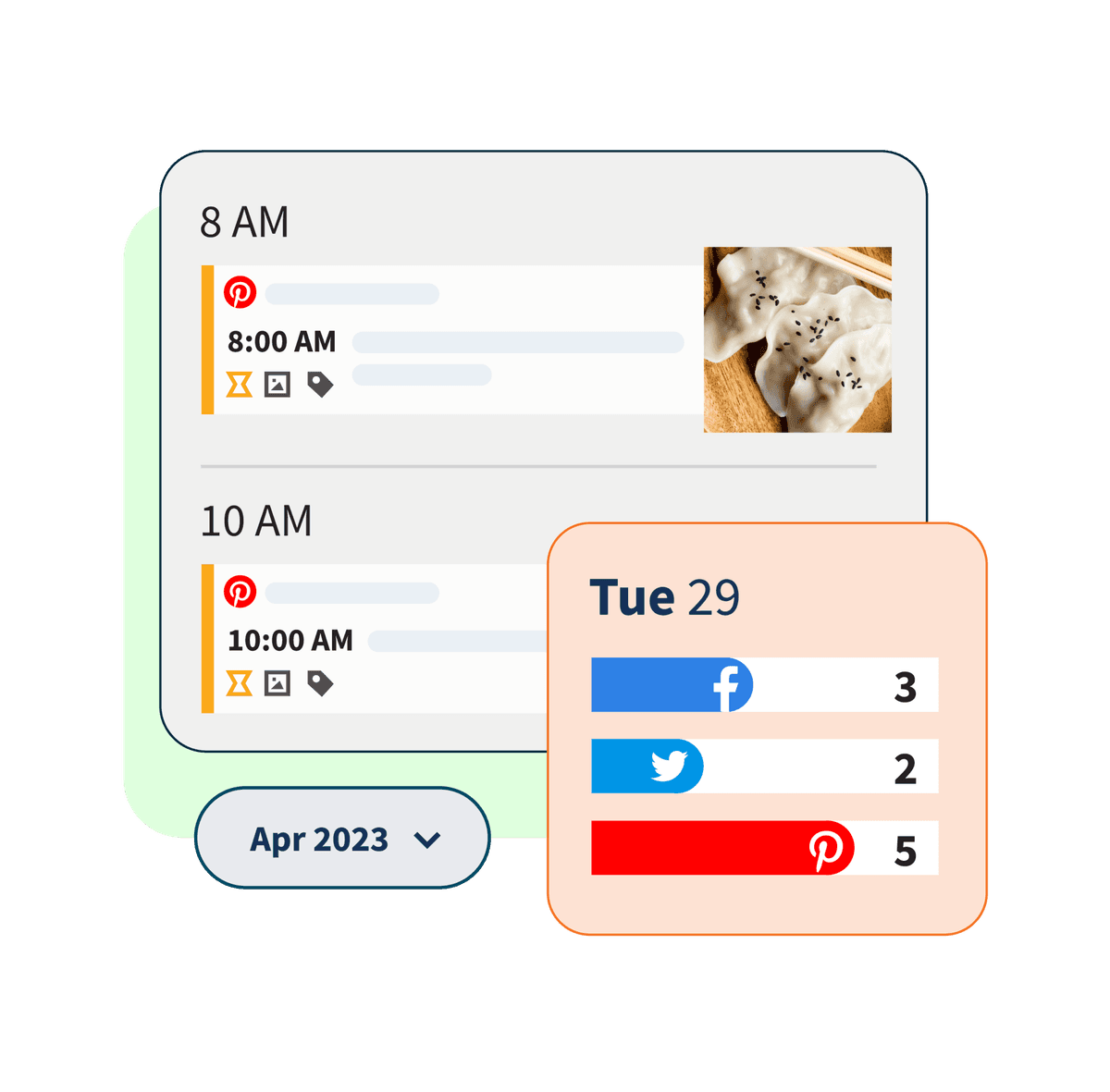 Illustration of a notification feed with Pinterest logo and dumpling picture, along with social media sliders