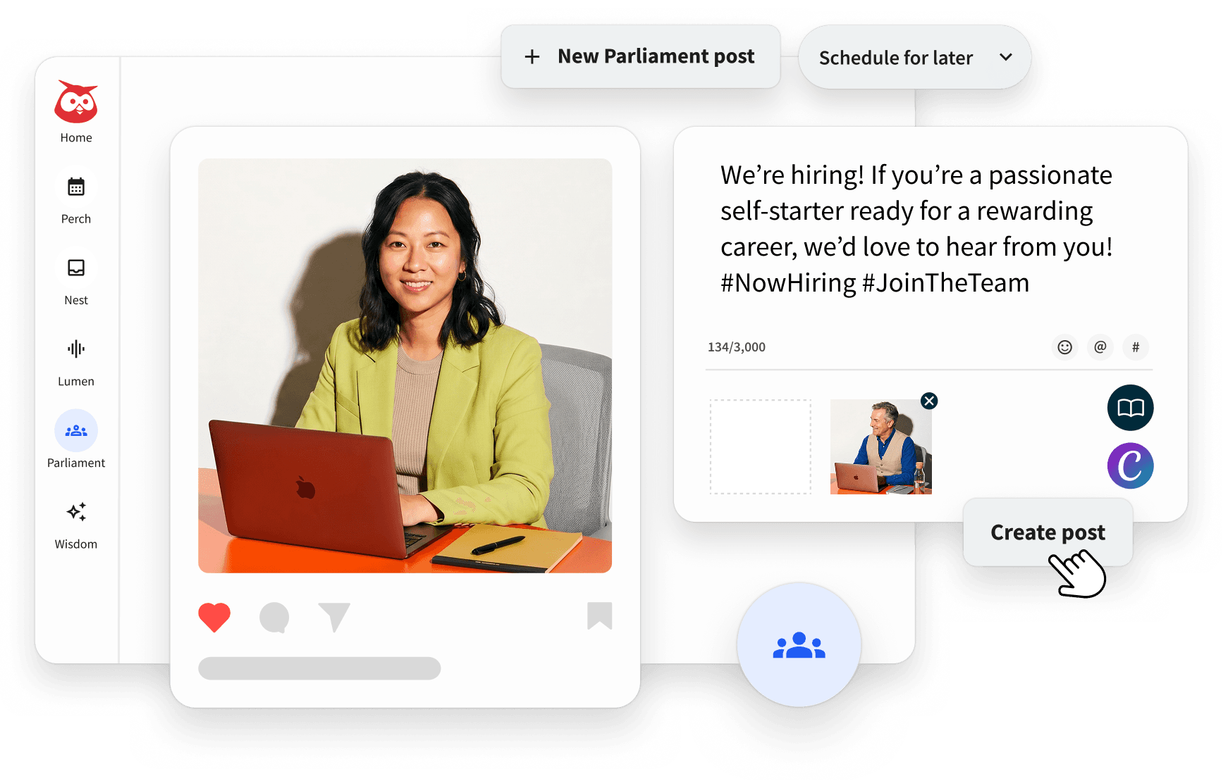 Social media post that reads "we're hiring" with share button