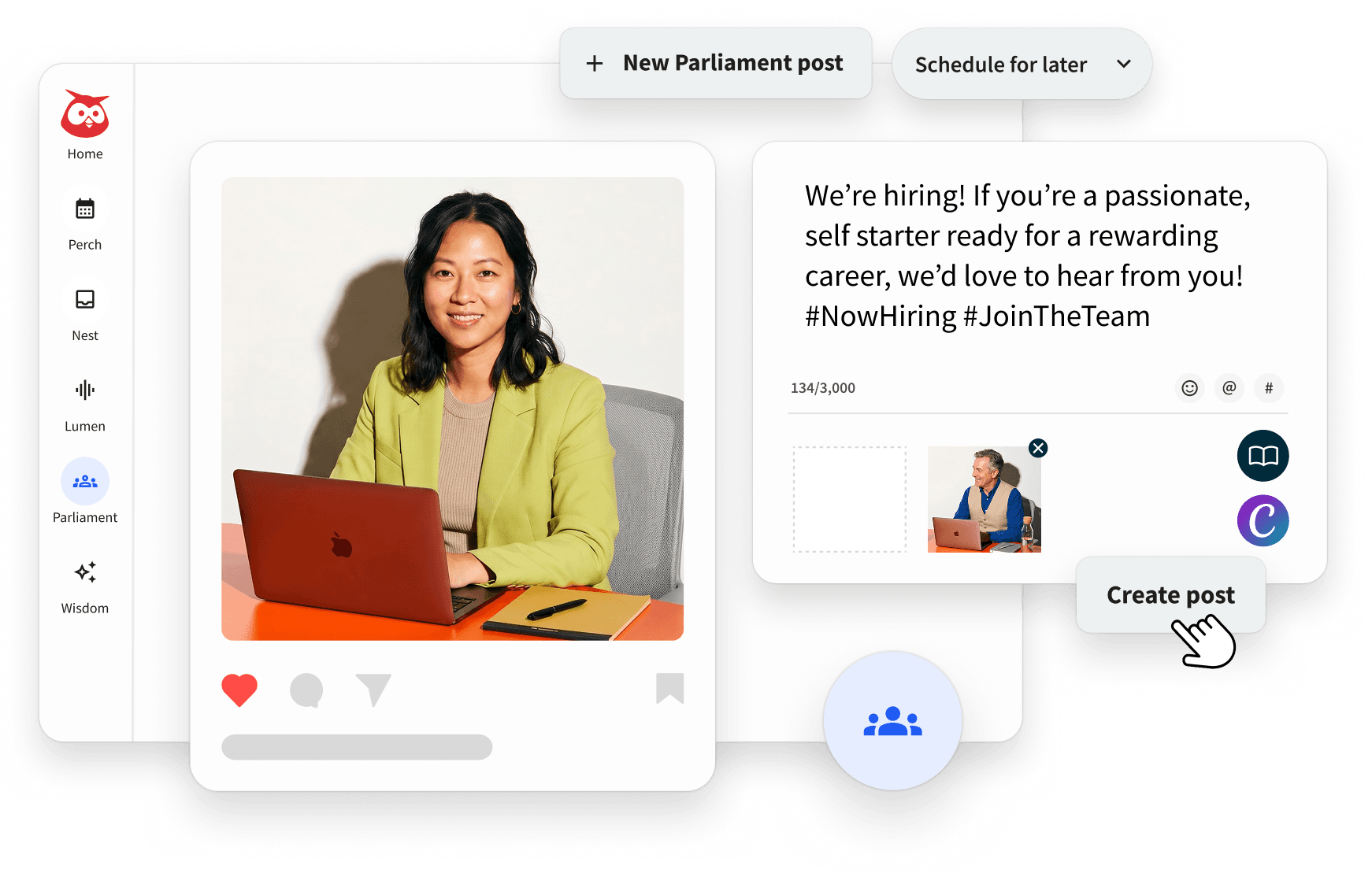 Social media interface showing healthcare job posting with "We're Hiring" text, sorting options, and engagement metrics