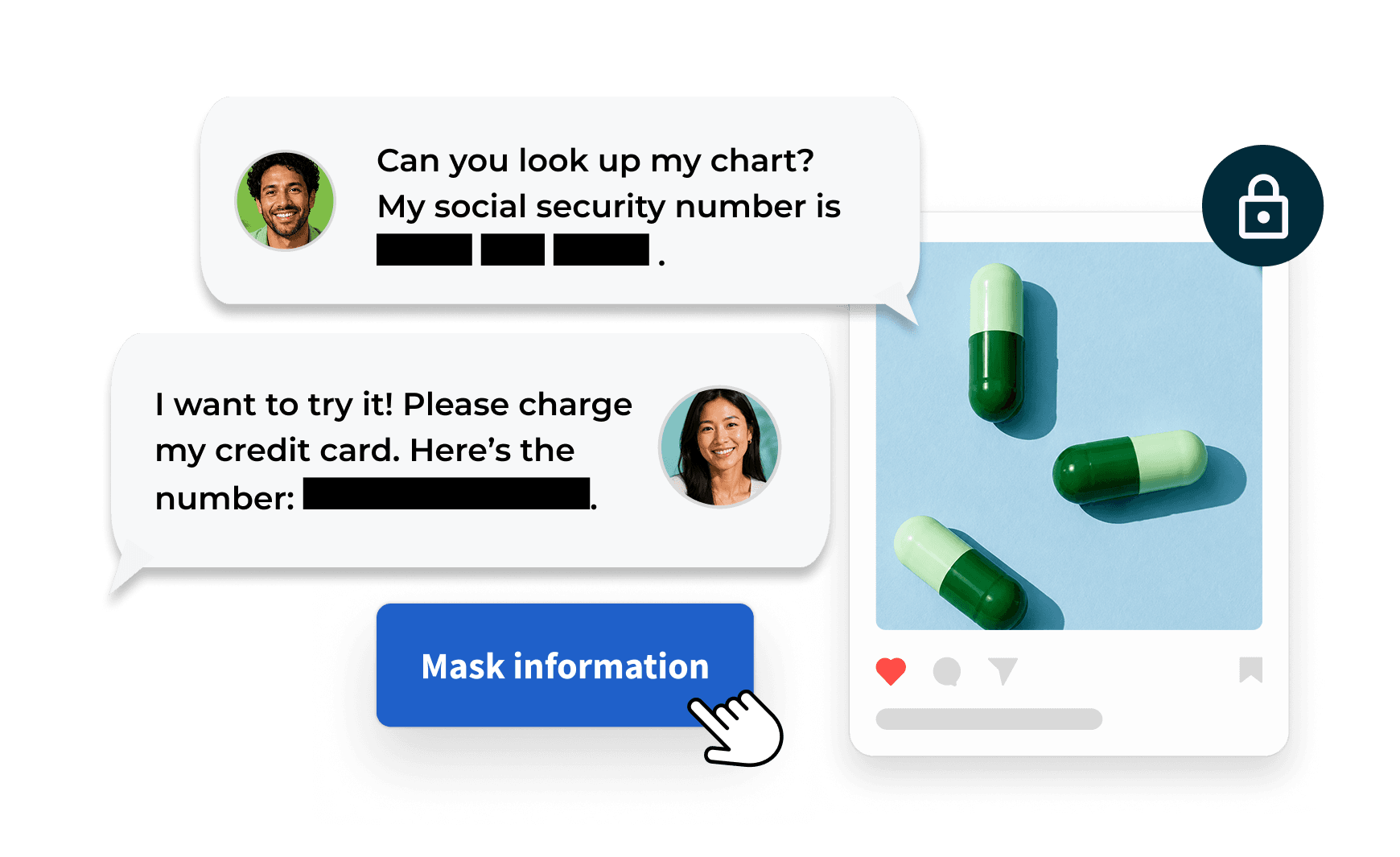 Social media posts about health and wellness tips displayed in a mobile interface with white cards and blue security icon