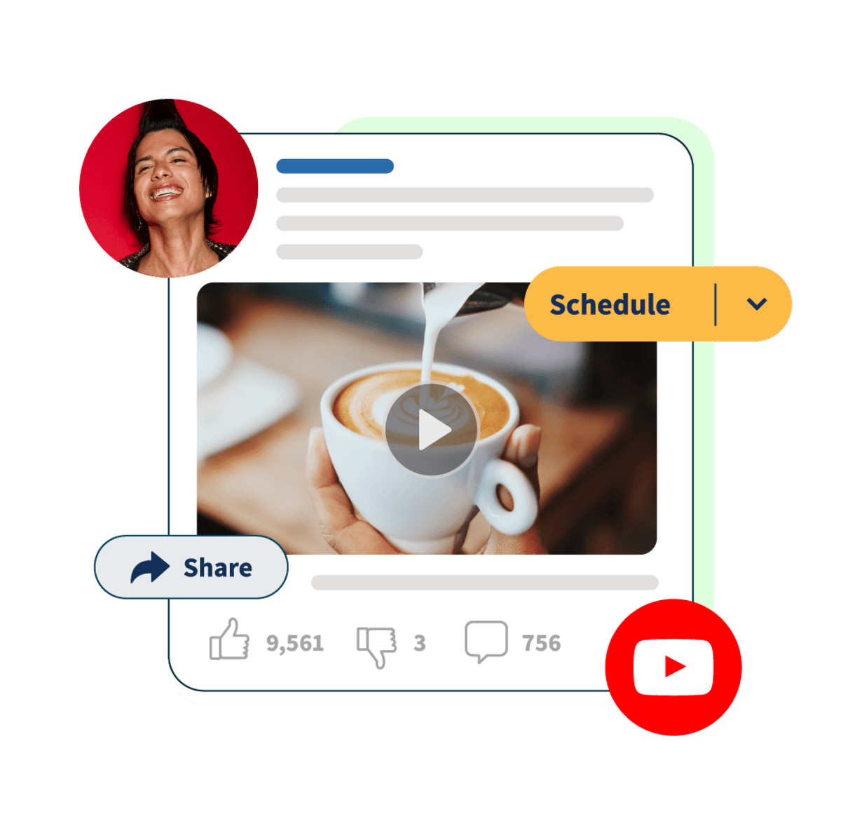 Publication YouTube montrant un café servi avec des pop-ups « programmer » et « partager »