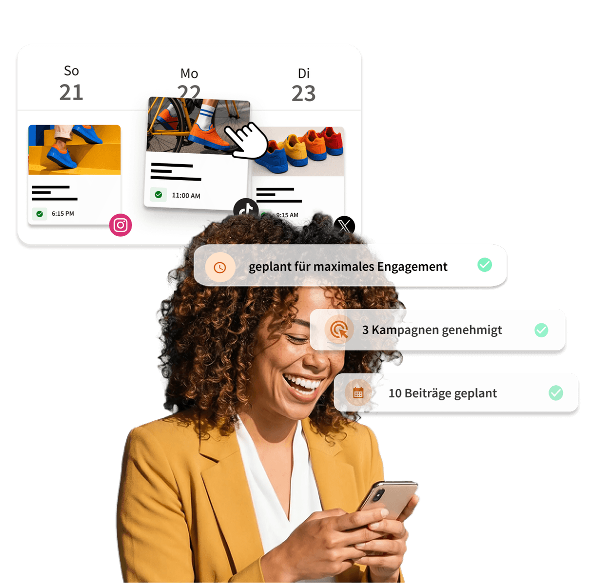 Woman smiling at phone with social media scheduling dashboard showing scheduled posts, 3 approved campaigns, and 10 posts scheduled.