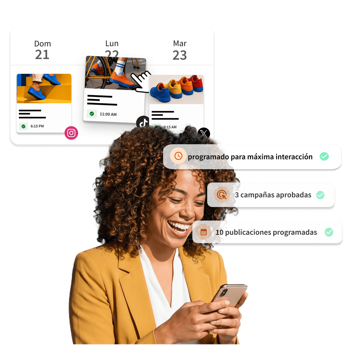 Woman smiling at phone with social media scheduling dashboard showing scheduled posts, 3 approved campaigns, and 10 posts scheduled.