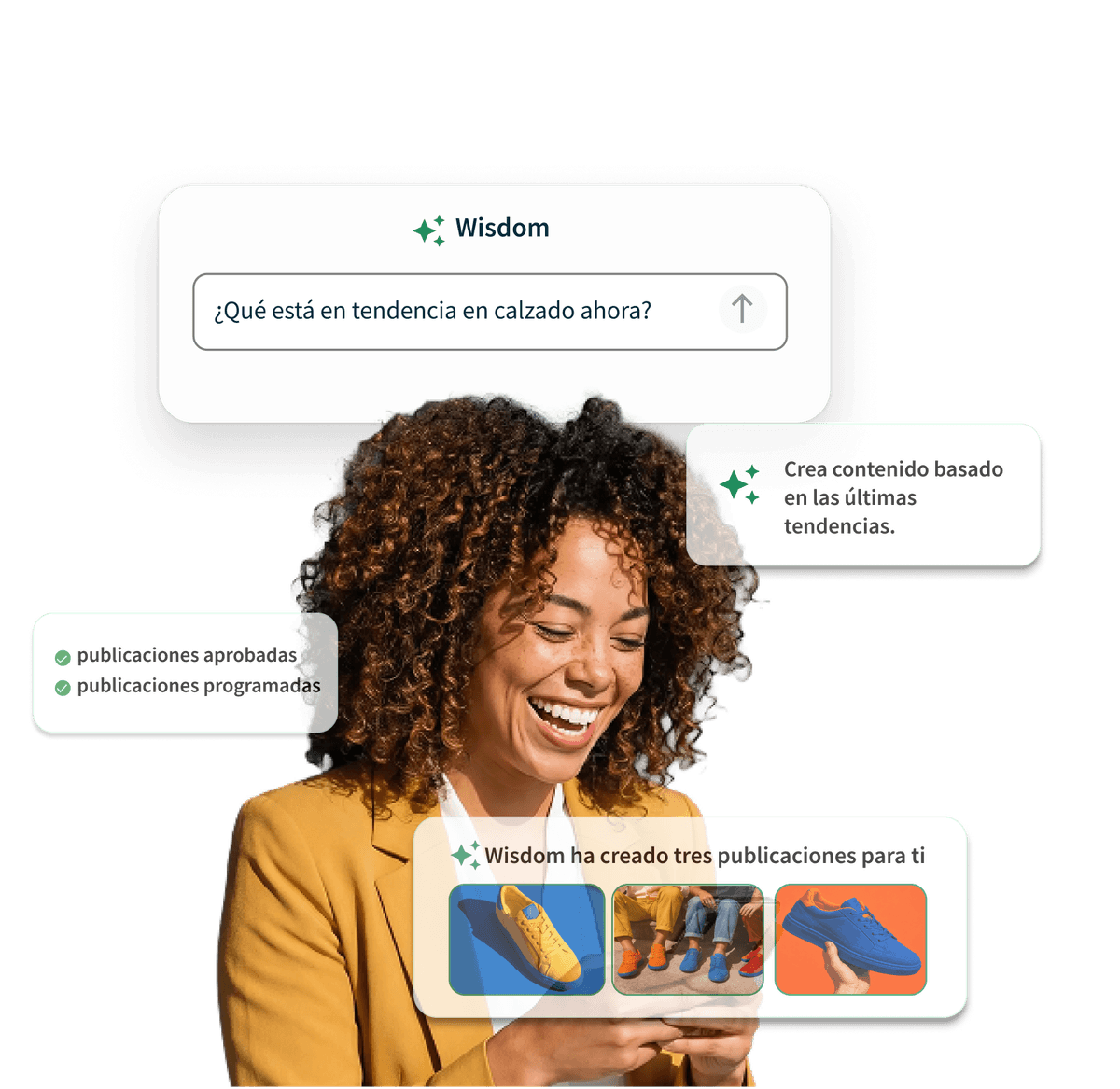 A smiling woman in a yellow blazer uses a phone, surrounded by AI tool UI elements showing drafted footwear social media posts.
