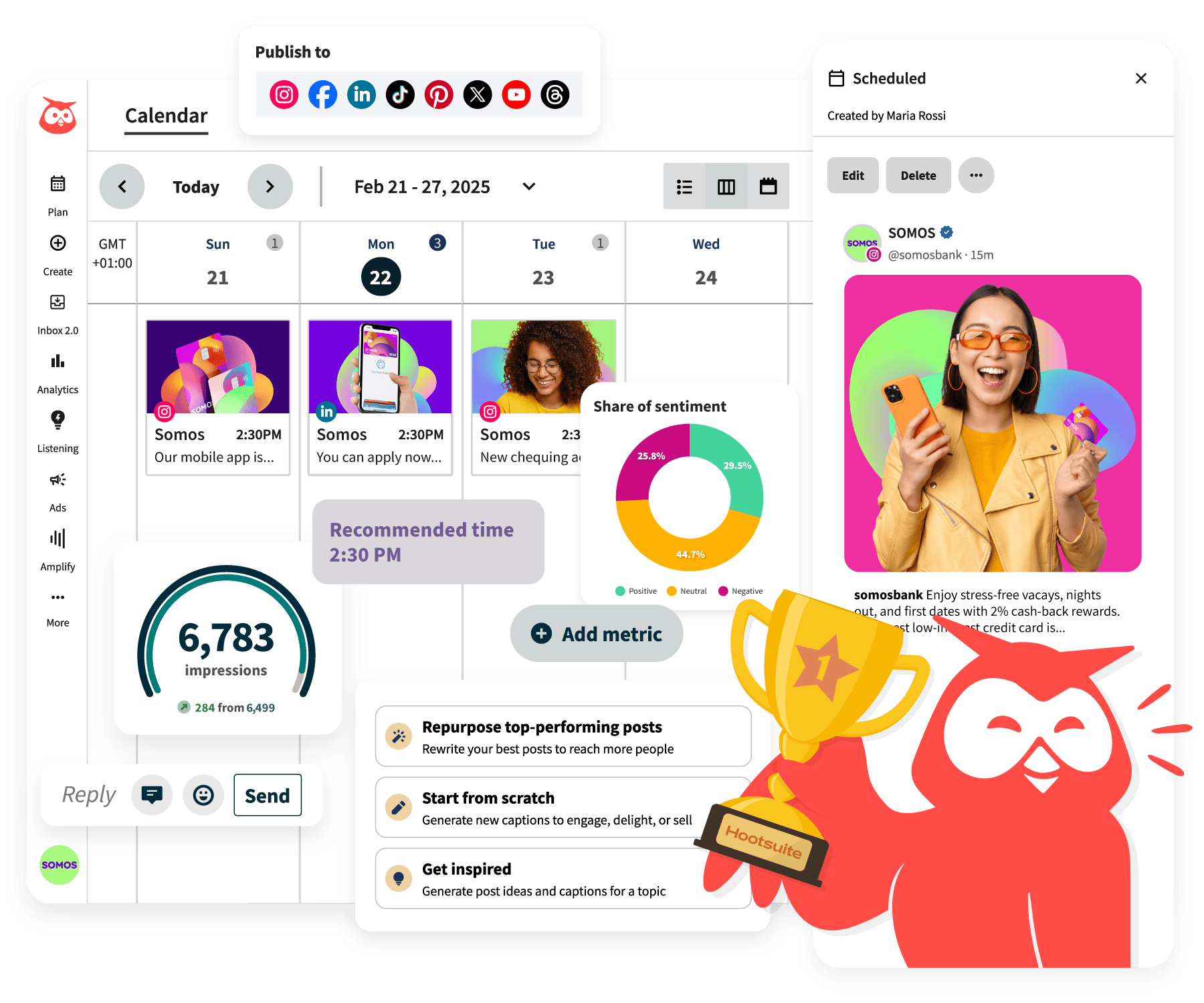 Hootsuite-Dashboard mit Content-Kalender, Analysen, Social-Listening und Veröffentlichungsfunktionen