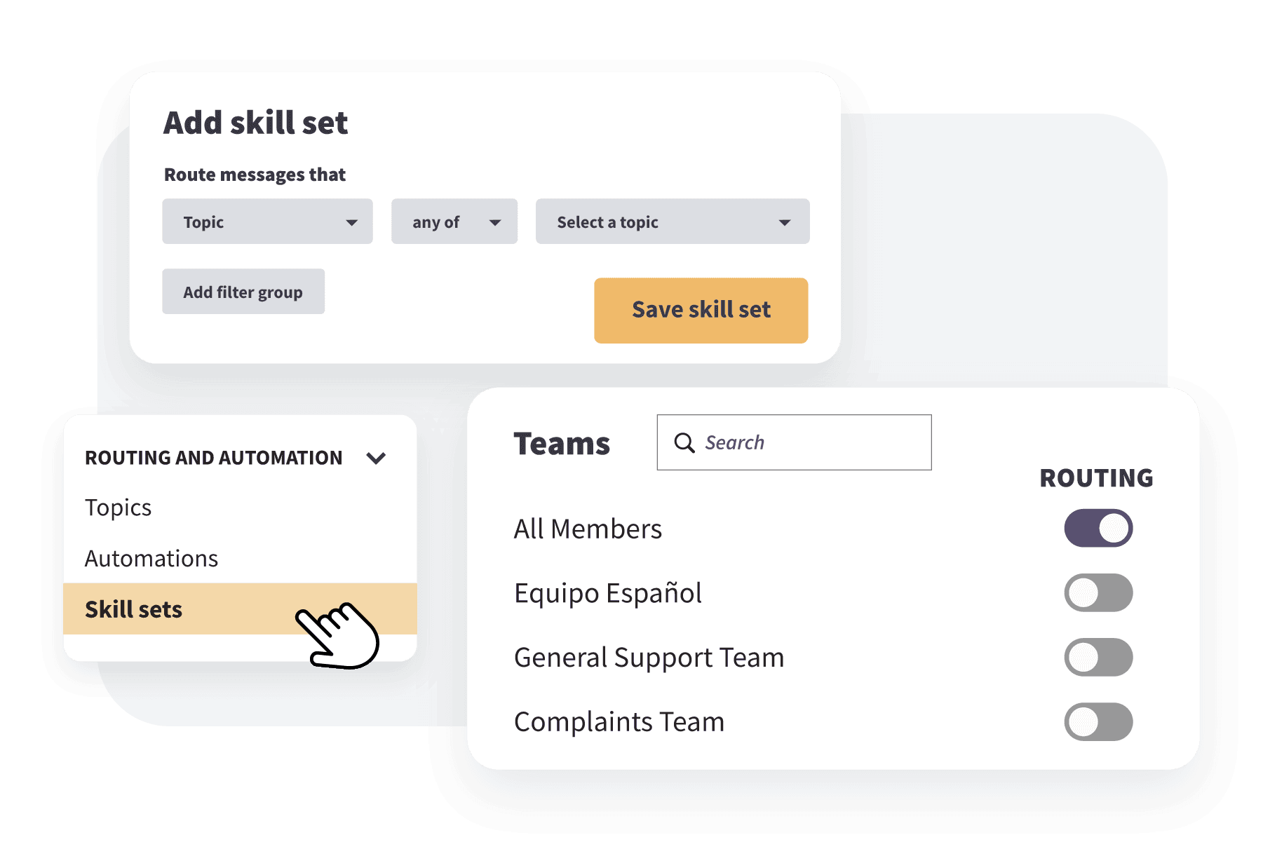 Bandeja de entrada de Hootsuite con configuraciones de conjunto de habilidades y enrutamiento